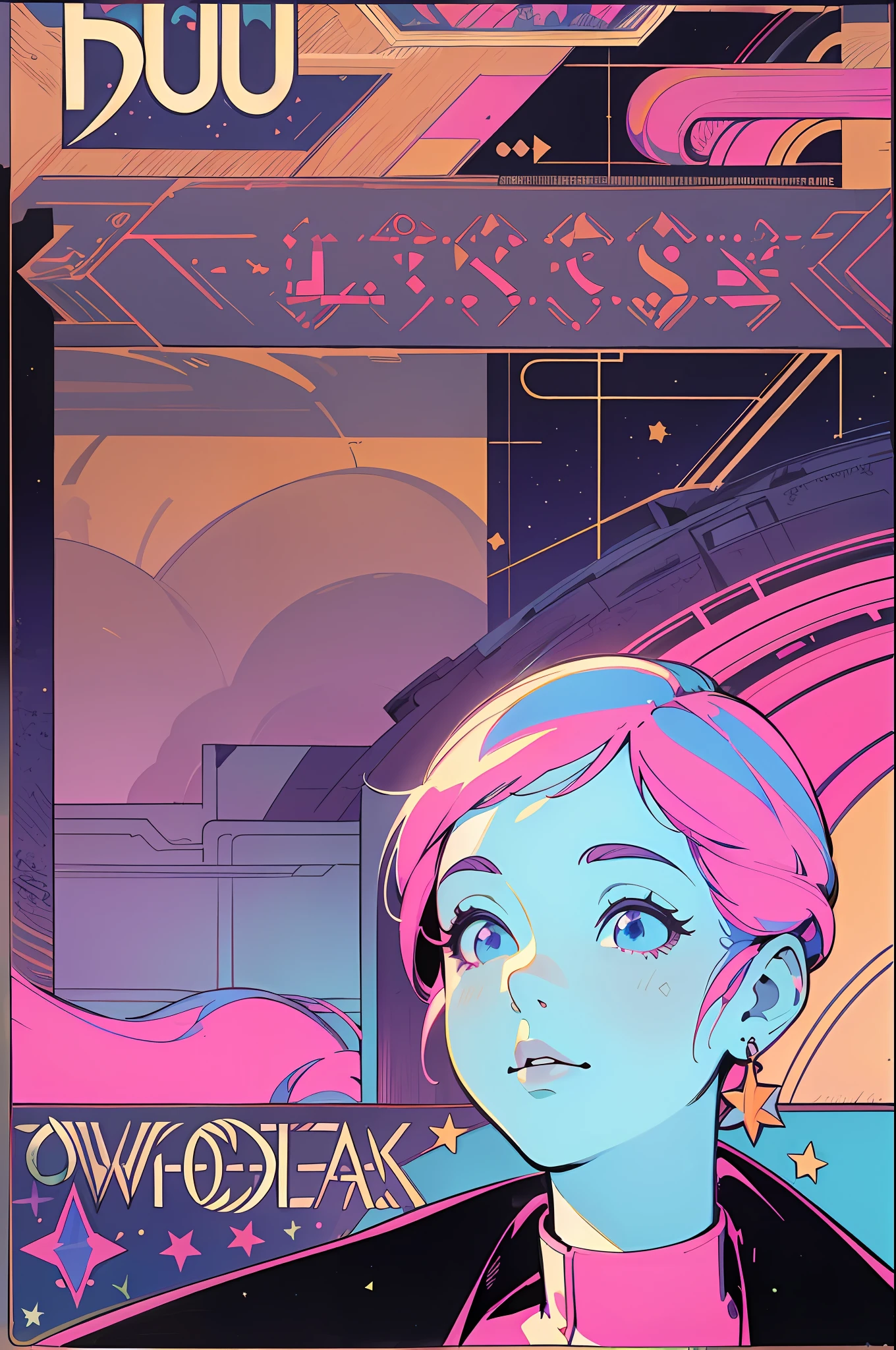 (masterpiece), (best quality), (best detail), (distant general view), (postage stamp),(main color of illustration: bright saturated pink), (secondary color: lapis lazuli), a group of very beautiful schoolgirls with cheerful posture, very detailed face, vintage advertising poster with futuristic style letters 60', western futuristic scenery, night (many stars, moon), shading (detailed, much contrast), Highly saturated pulp colors