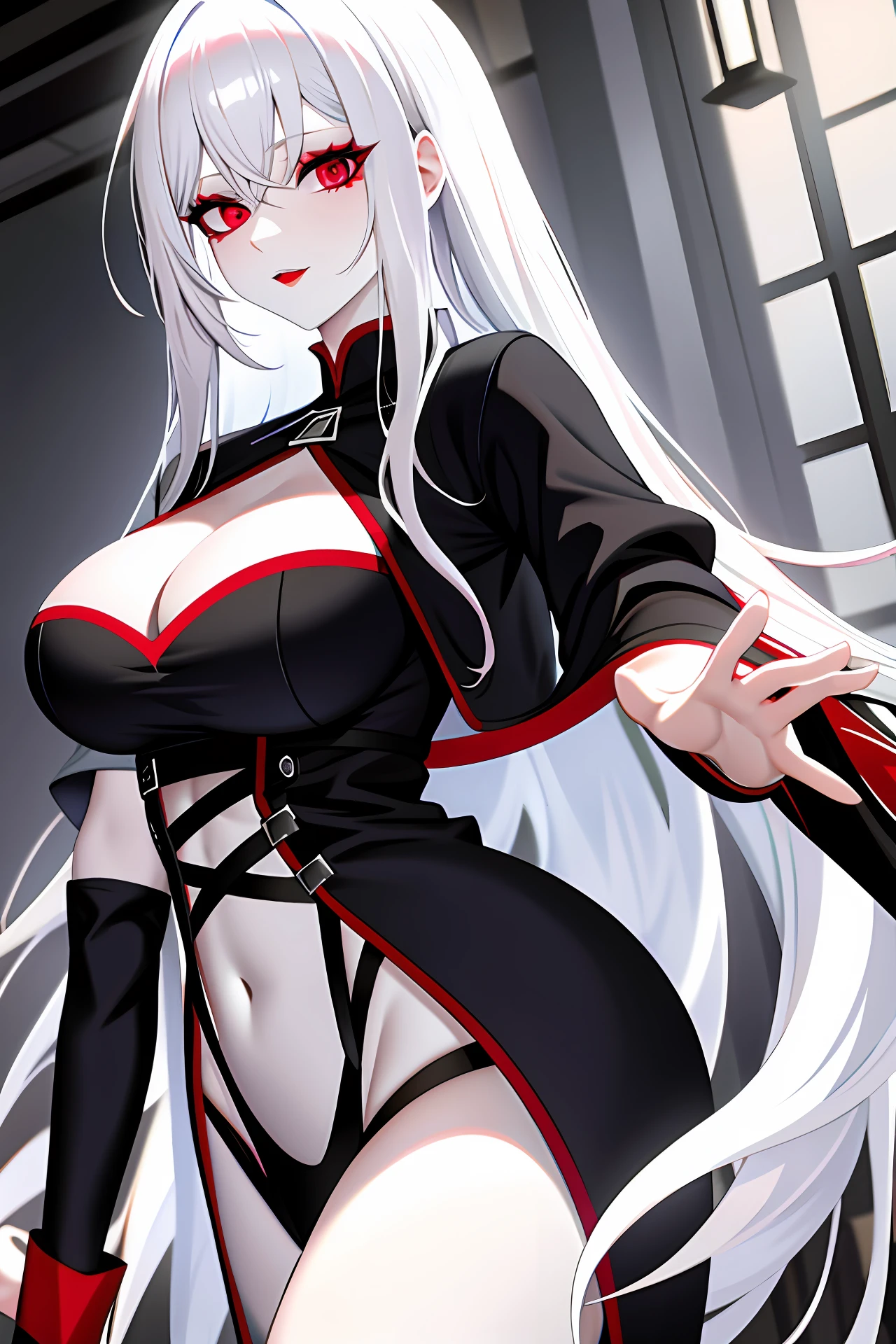 white hair, goth, red eyes, large breasts, 1girl, pale skin