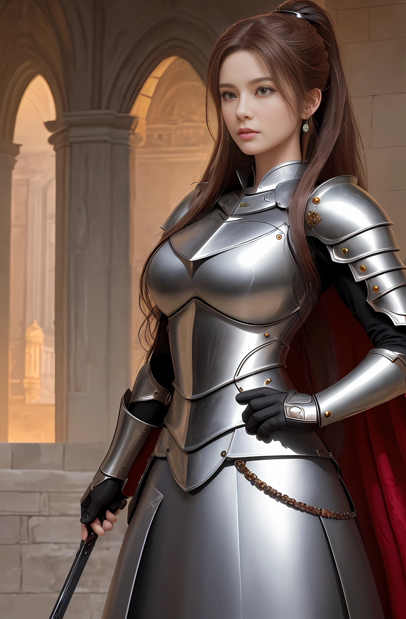 (16k, masterpiece, best quality), ultra-detailed, detailed beautiful round eyes, beautifully detailed face, high quality, high resolution, a female knight, in the castle, goddess, straight hair, hero, castle background, big breast, mature women, dynamic pose, scarlet long hair, ponytail, looking into the distance, knight pose