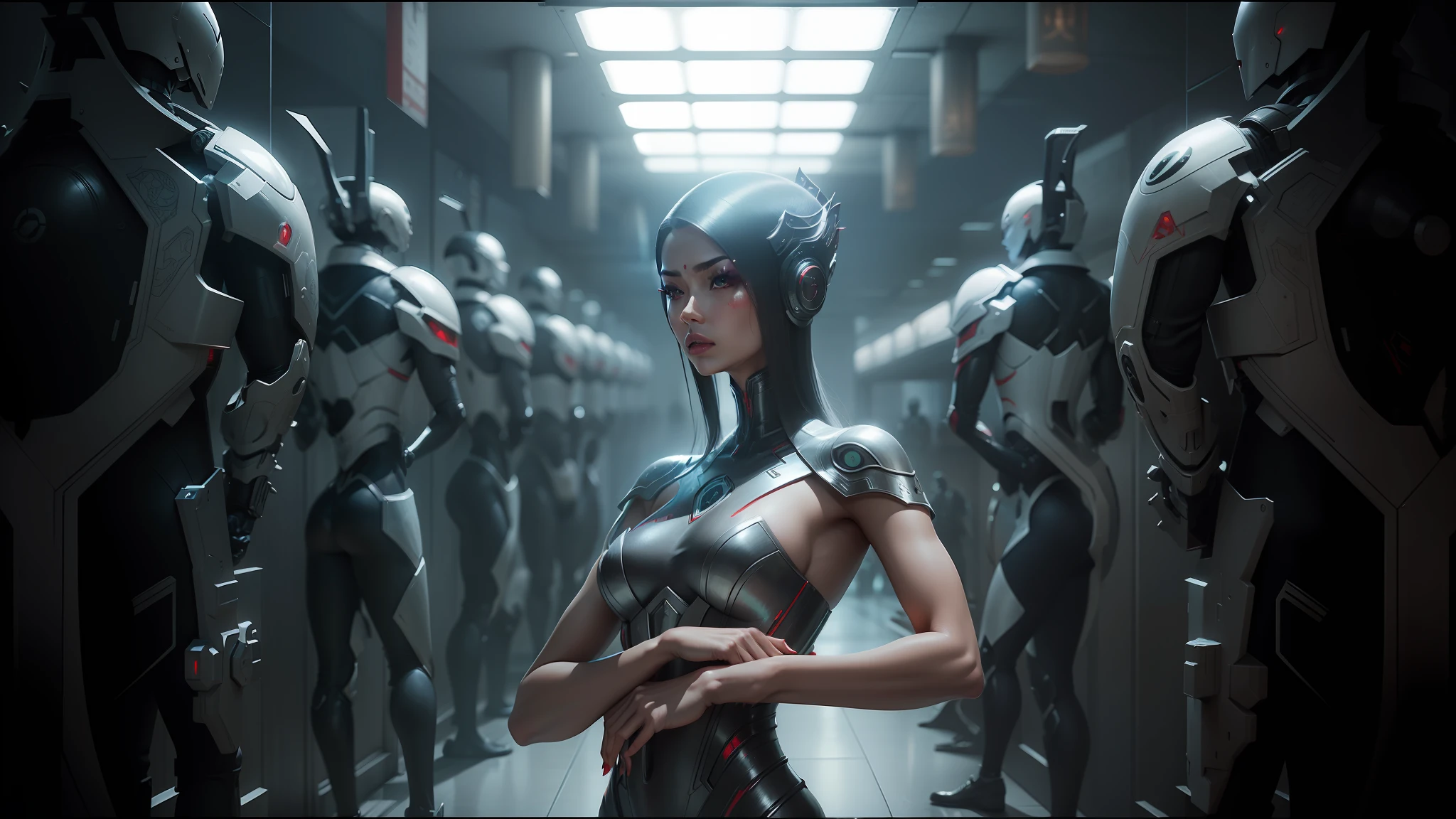 there is a woman in a futuristic suit standing in a hallway, detailed cinematic shot, oriental fantasy, red skin, porcelain, the origine of cybertimes, mistress, symmetry features, banshee, gloss, terminals, kazakh empress, crimson attire --ar 16:9 --auto --s2