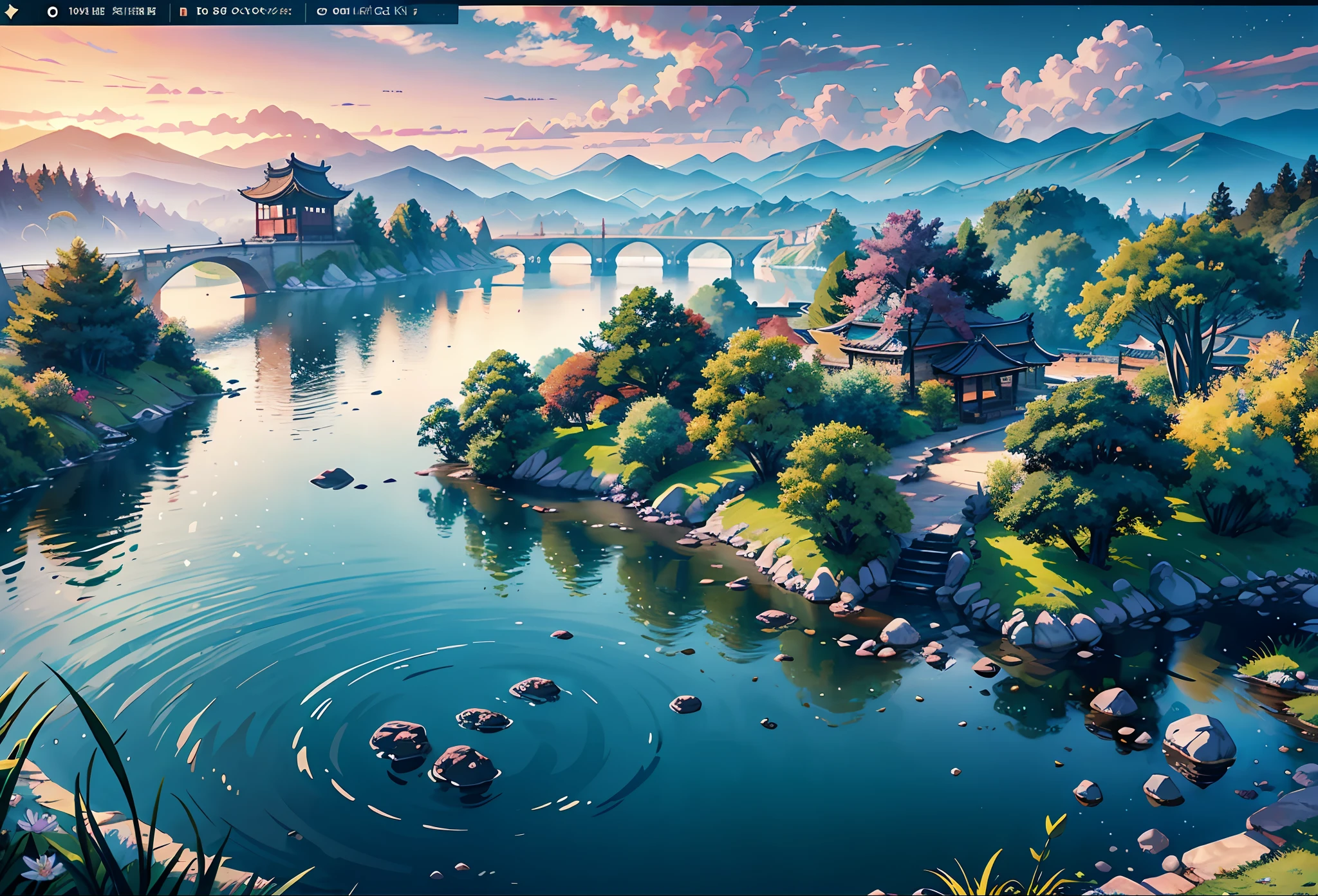 Ancient Chinese architecture, moon, midnight, garden, bamboo, lake, stone bridge, rockery, arch, corner, tree, running water, landscape, outdoor, waterfall, grass, rock, water lily, hot spring, water vapor, (Illustration: 1.0), Epic Composition, Realistic Lighting, HD Details, Masterpiece, Best Quality, (Very Detailed CG Unity 8k) --v 6