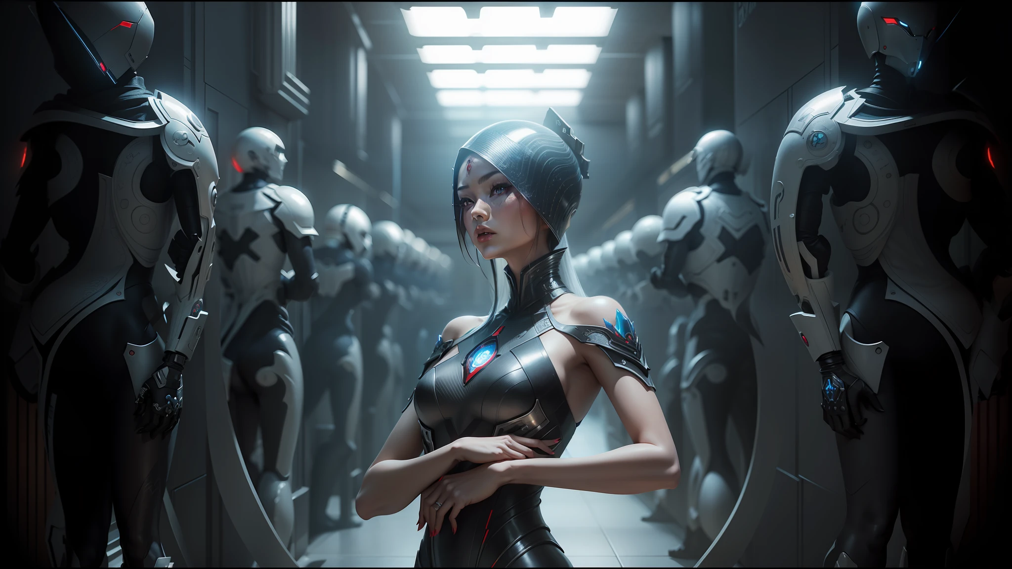 there is a woman in a futuristic suit standing in a hallway, detailed cinematic shot, oriental fantasy, red skin, porcelain, the origine of cybertimes, mistress, symmetry features, banshee, gloss, terminals, kazakh empress, crimson attire --ar 16:9 --auto --s2