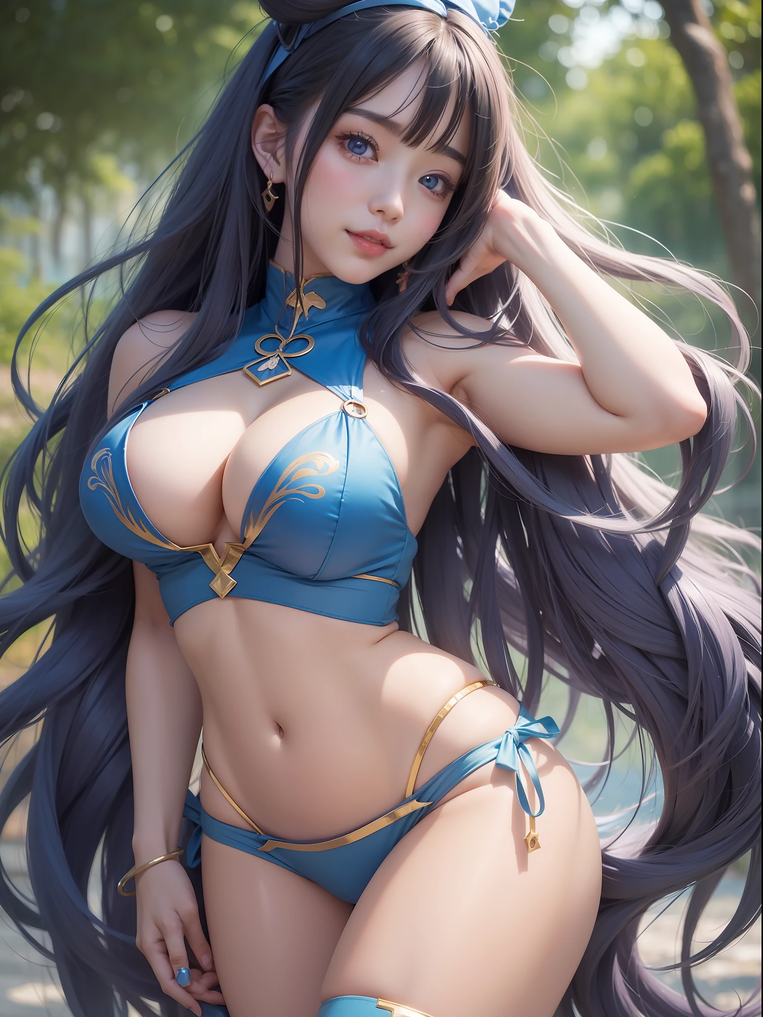 anime girl with absolutely beautiful long hair, blue sexy bikini, artstation, cute anime girl, cute anime girl portrait, pretty anime girl, portrait of cute anime girl, kawaii realistic portrait, anime visual of a cute girl, cute anime girl portraits, portrait anime girl, anime style portrait, beautiful anime girl, full body, smile, (huge boobs), navel, thin waist, (big hip), Thighs, from bellow, side face, cleavage