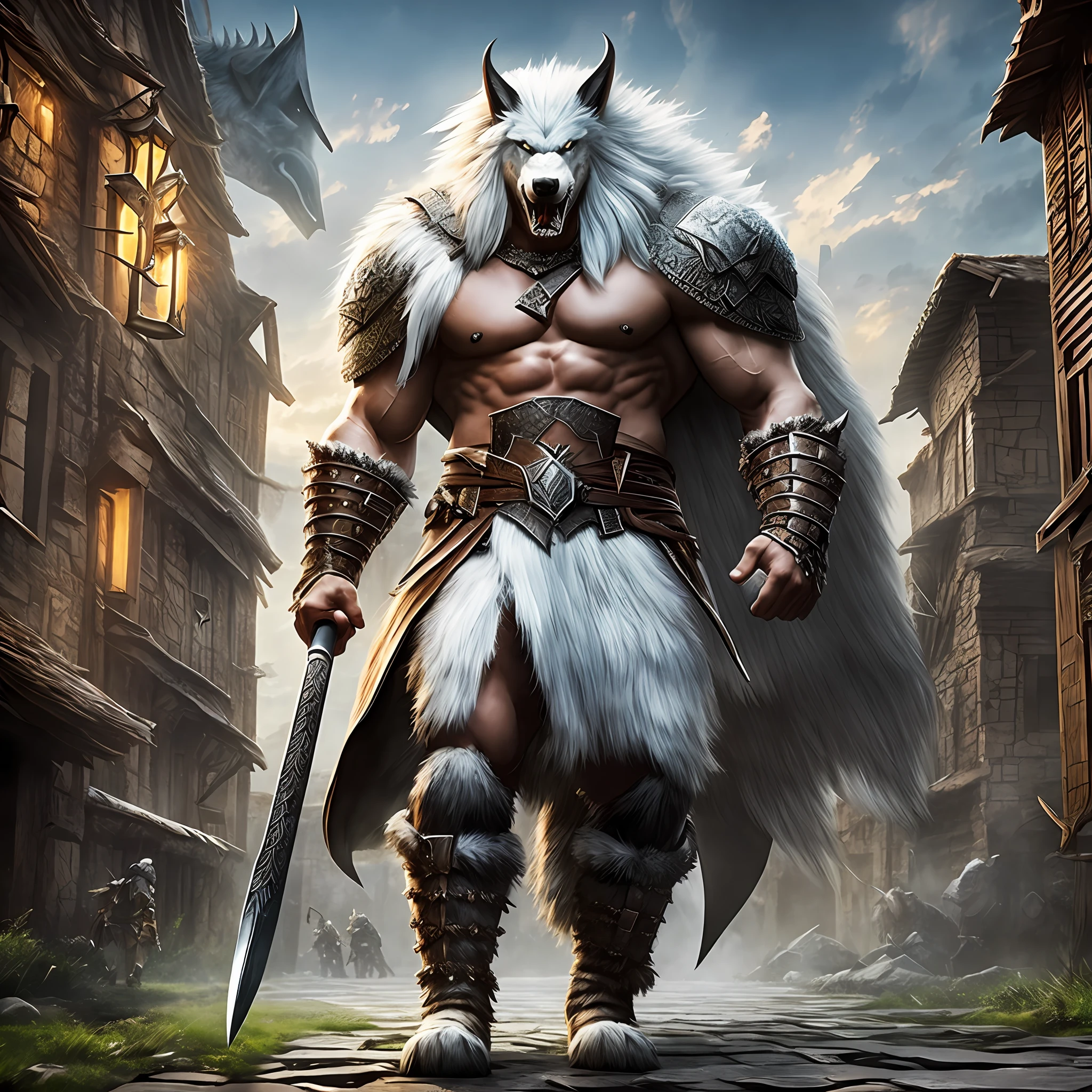 Tall and muscular Barbarian King, With Bright Eyes, Shaved White Hair, Wearing a black fur cape, Walking in a medieval square with a Fenrir by his side Holding a battle axe, Realistic, Full HD, Best Quality.