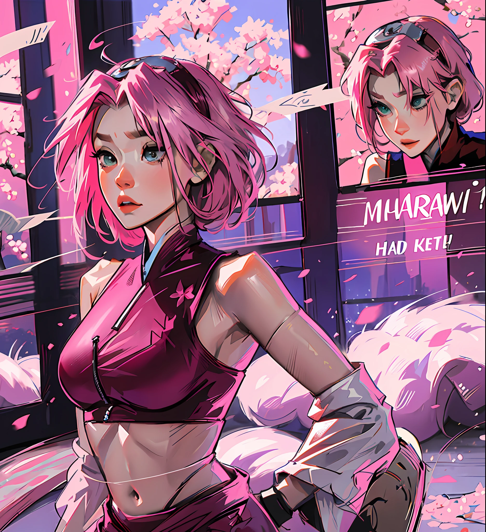 Sakura haruno, a spy, holding a gun, Sakura's hair is pink and short, there is nothing on her head, no adornment, whole body, her body is thin and graceful, her outfit is red, the image is charming and spectacular and there is depth in the scene, it is exciting, she is delicate,