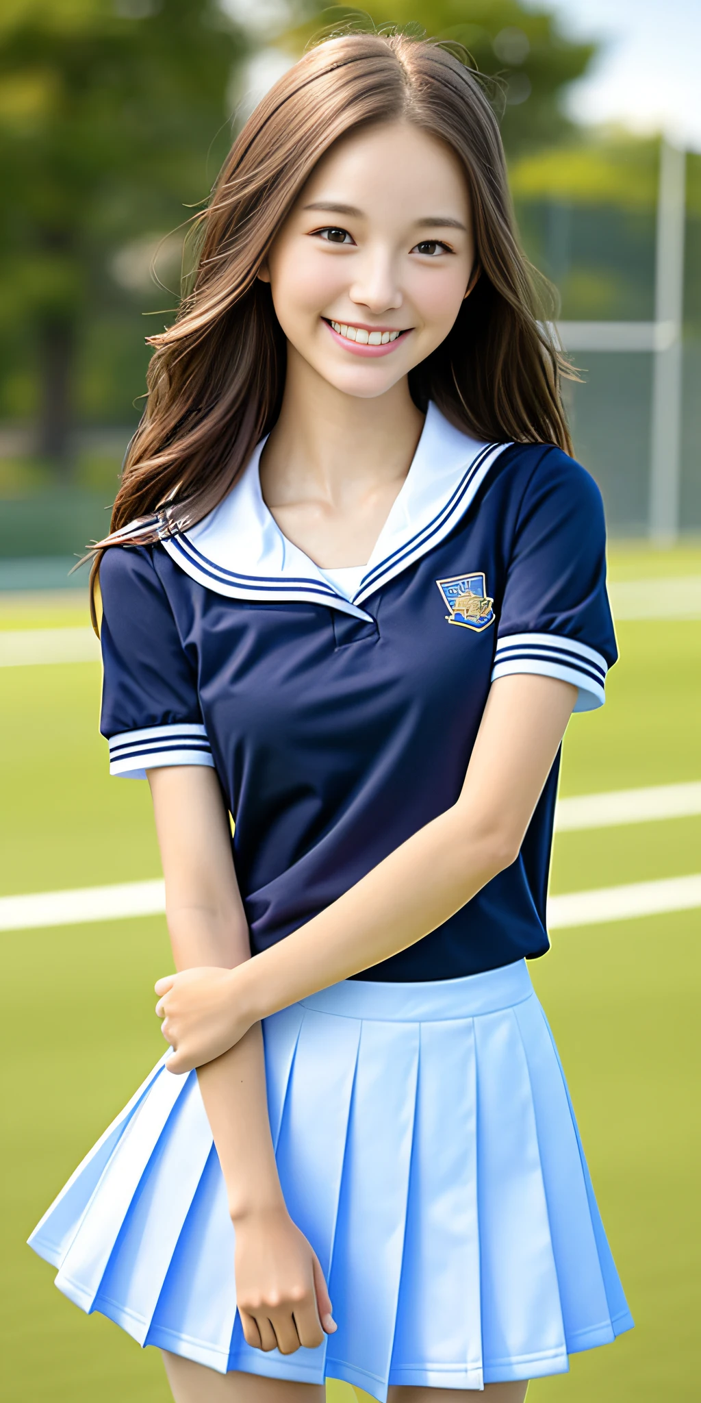 neat college girl, petite, (school uniform, summer clothes, short sleeves), outside the athletic field, (slim), photorealistic, detail, skin texture, ultra detail, delicate and sexy collarbone, smile, super detailed face, detailed lips, detailed eyes, breast emphasis