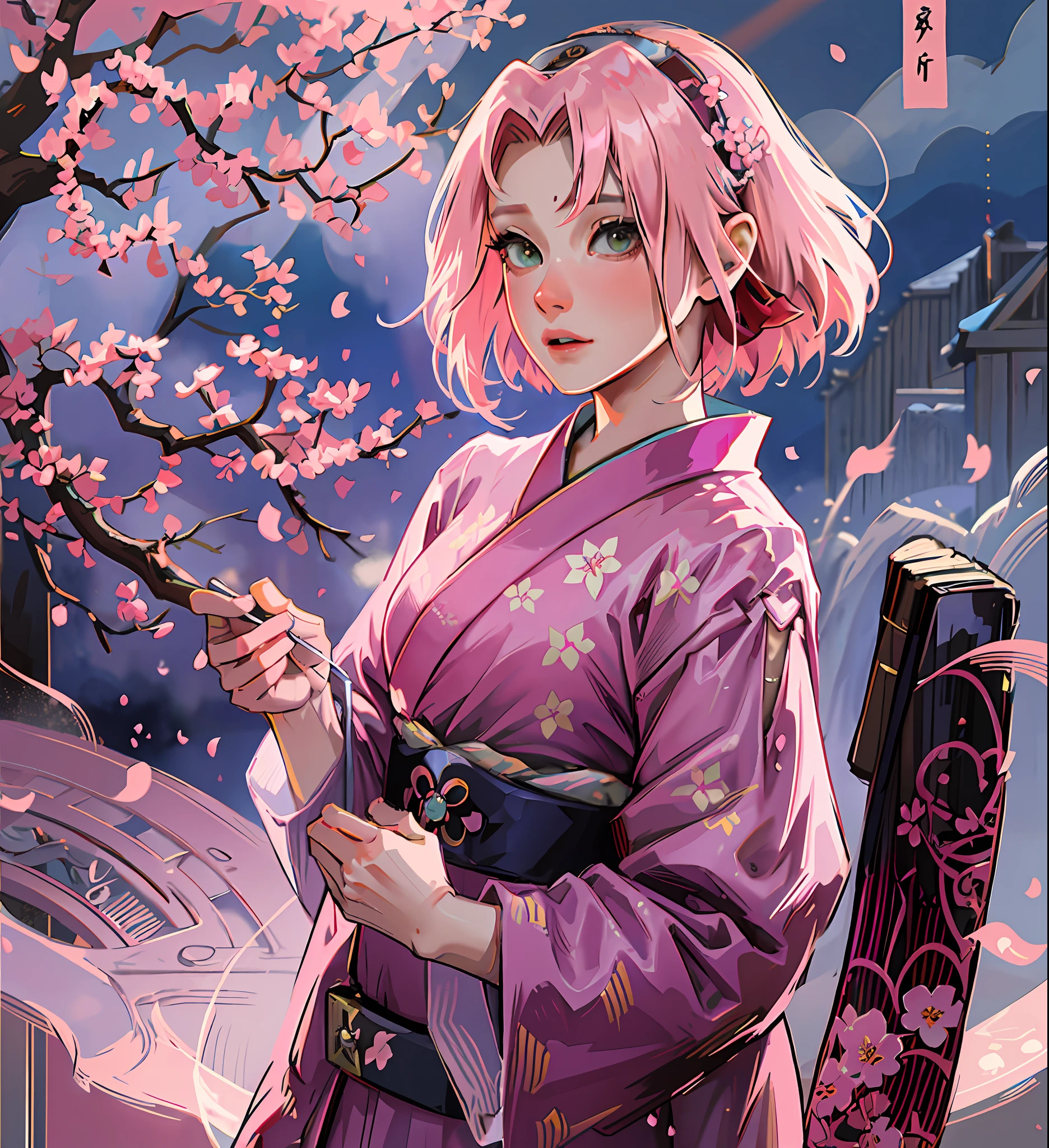 Sakura haruno, IN A GARDEN, WEARING A KIMONO, Sakura's hair is pink and short, there is nothing on her head, no adornment, whole body, her body is thin and graceful, her outfit is red, the image is charming and spectacular and there is depth in the scene, it is exciting, she is delicate,