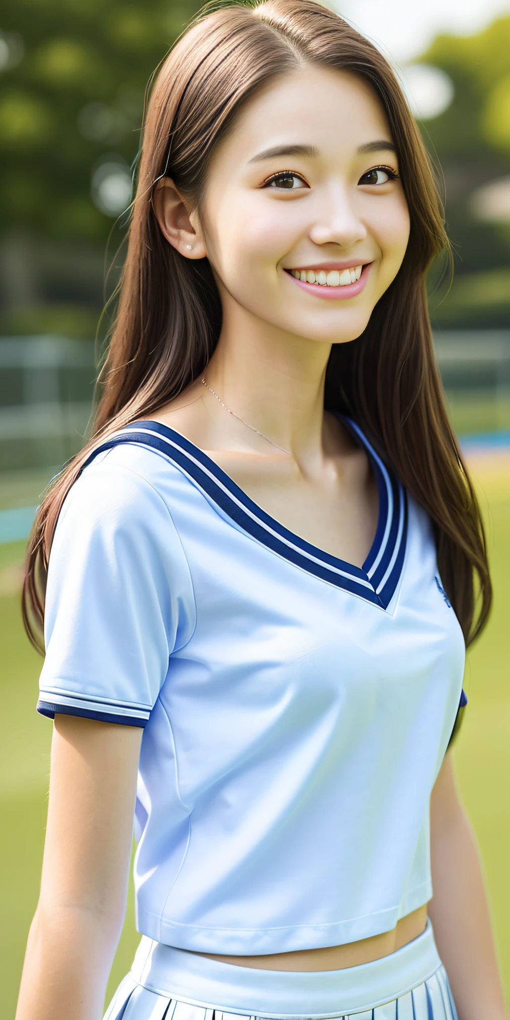 neat college girl, petite, (school uniform, summer clothes, short sleeves), outside the athletic field, (slim), photorealistic, detail, skin texture, ultra detail, delicate and sexy collarbone, smile, super detailed face, detailed lips, detailed eyes, breast emphasis