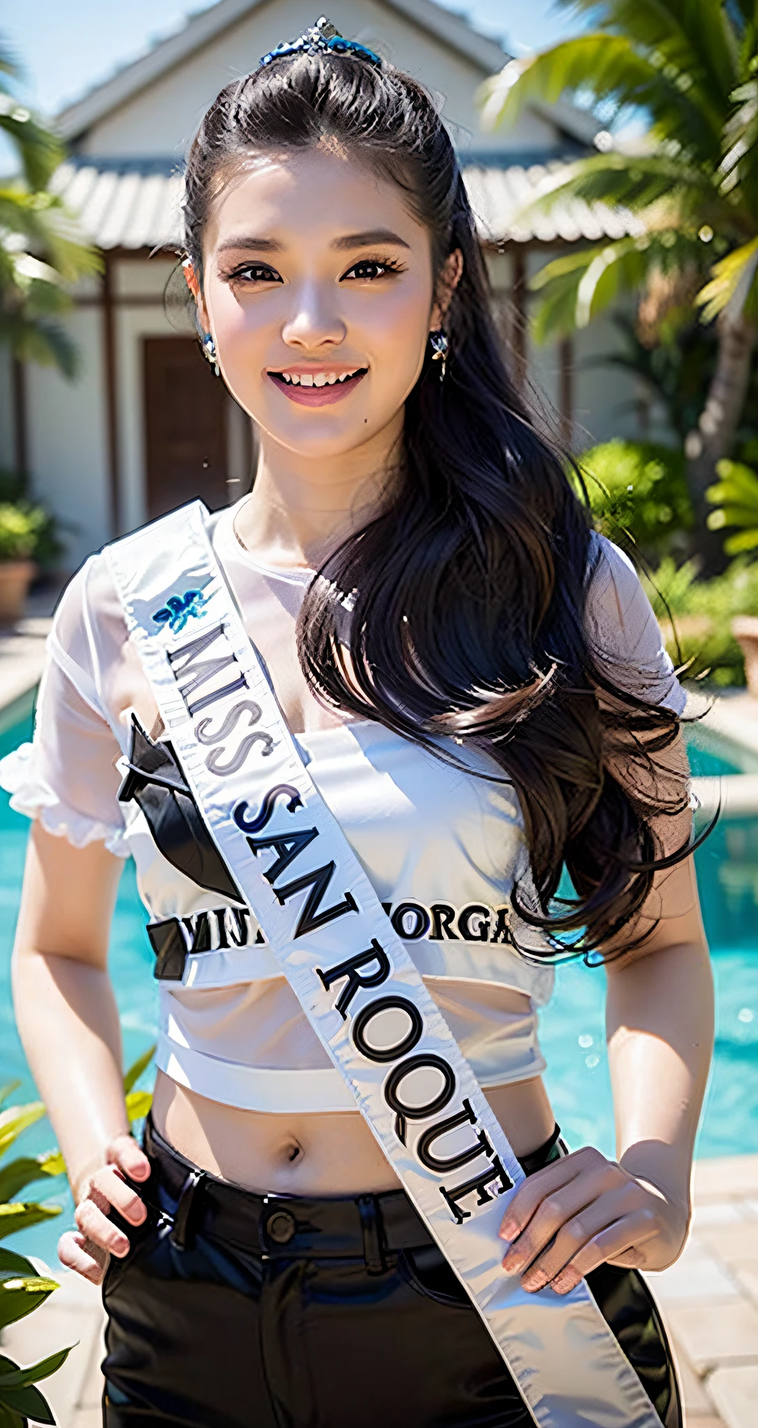 a close up of a beautiful woman in a white wet shirt and black short shorts, perfect body figure, centre image, sukhothai costume, royal elegant pose, regal pose, mai anh tran, proud look, queen of the sea mu yanling, model posing, with crown, miss universe, pr shoot, top, mid shot portrait, full body photogenic shot, may, proud smile, perfect hands and fingers,