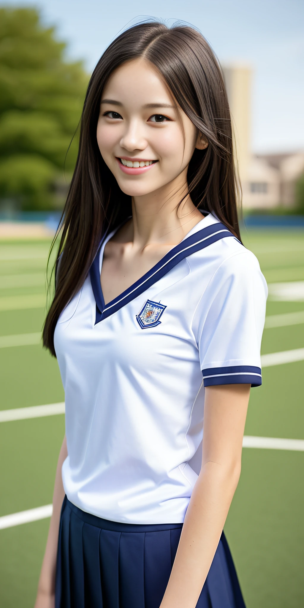neat college girl, petite, (school uniform, summer clothes, short sleeves), outside the athletic field, (slim), photorealistic, detail, skin texture, ultra detail, delicate and sexy collarbone, smile, super detailed face, detailed lips, detailed eyes, breast emphasis