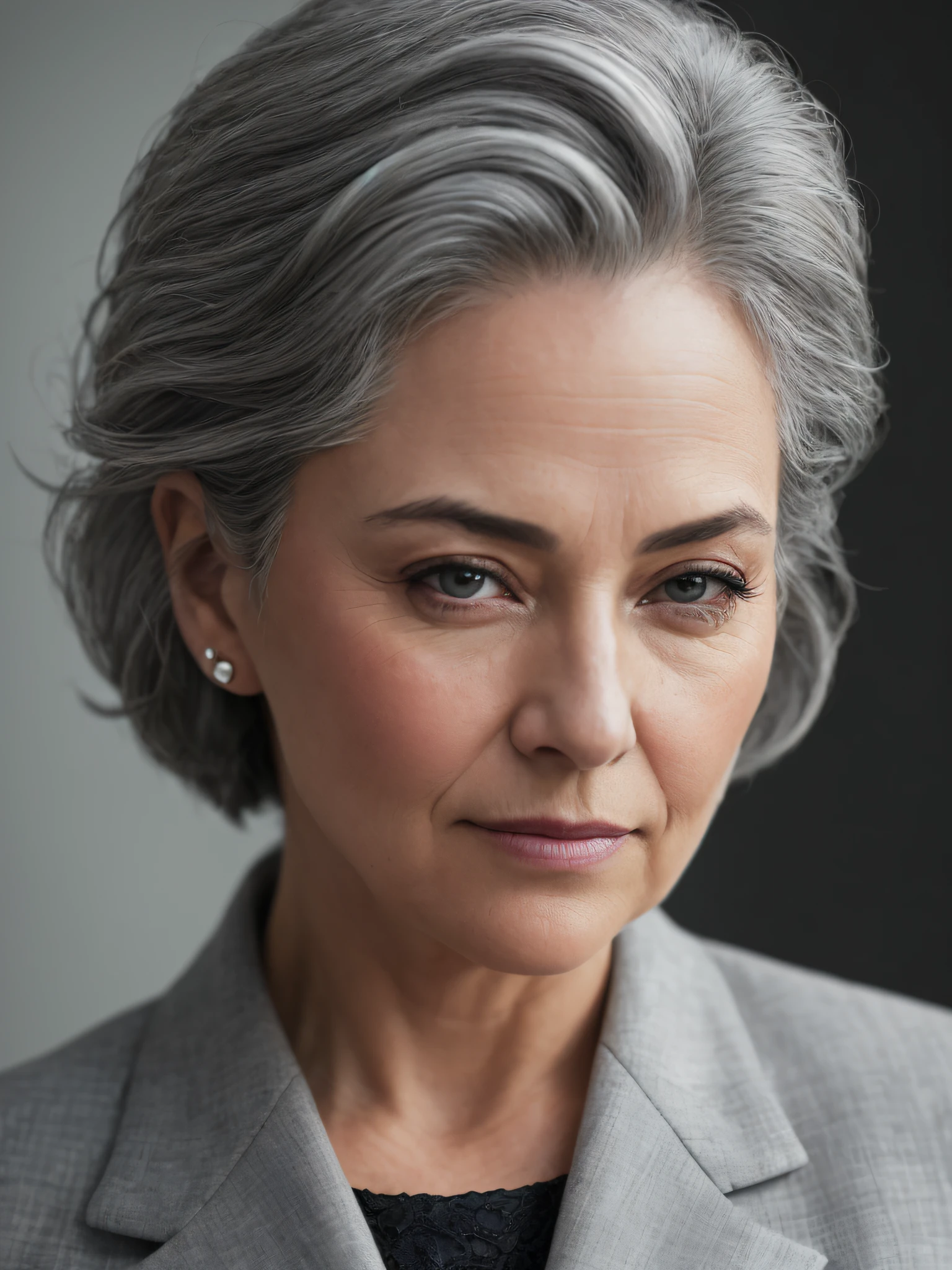 photo of a gray-haired woman in an elegant business suit, wide-frame photo, photo shoot style, exquisite, detailed, dramatic, elite, real world, (hard focus, 8 k), (((natural skin texture))), 8k textures, soft cinematic light, adome lightroom, photo lab, hdr, intricate, elegant, highly detailed, clear focus, (((cinematic look))), soothing tones, crazy detail, high detail, low contrast, soft cinematic light, dull colors, mixing exposures, HDR, fade, 35 mm, f/1.4, ISO64, f16, 25 sec.