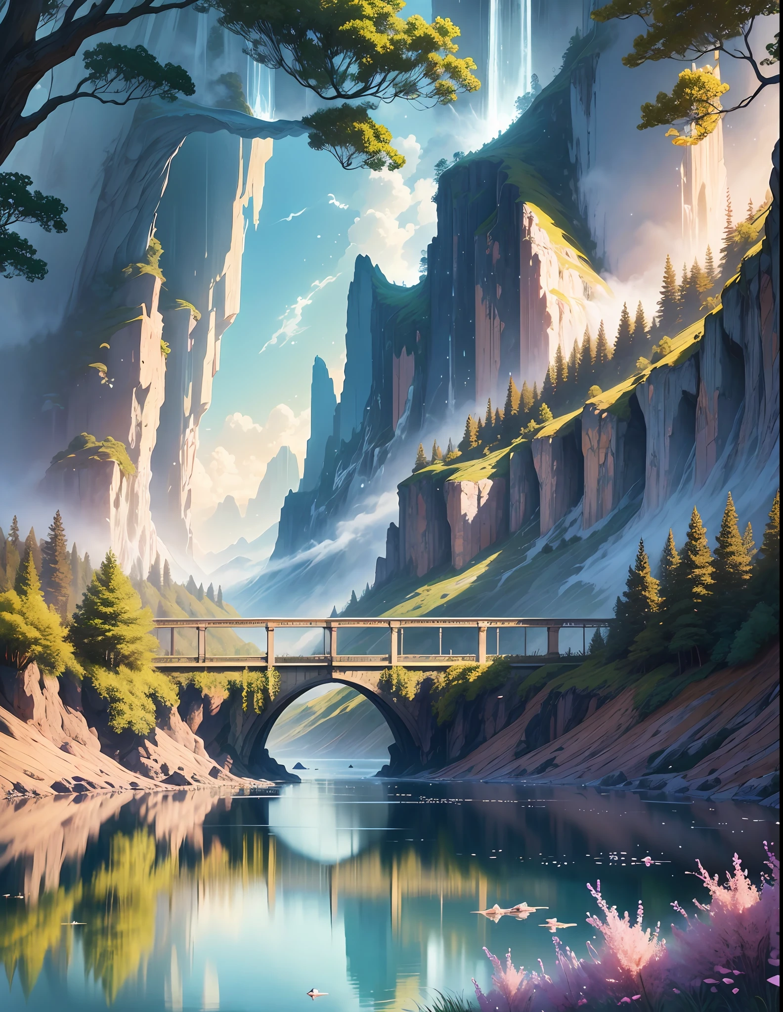 Title: "Elysian Reverie"
Description: Behold a breathtaking vista of the celestial realm—an exquisite portrayal of heaven itself. A soft, golden glow envelops the scene, emanating from a radiant sun that gently bathes the landscape in its warm embrace. Wisps of ethereal clouds traverse the cerulean sky, casting delicate shadows on velvety meadows adorned with vibrant blooms of every hue. Majestic waterfalls cascade down cliffs, their crystalline waters shimmering with an otherworldly luminescence. Graceful beings, adorned in flowing robes, traverse the scene, their serene presence adding an aura of tranquility to the heavenly panorama. Explore the boundless beauty, serenity, and wonder of this celestial realm, and let your words transport others to a realm where dreams are realized and peace eternal reigns. --auto --s2