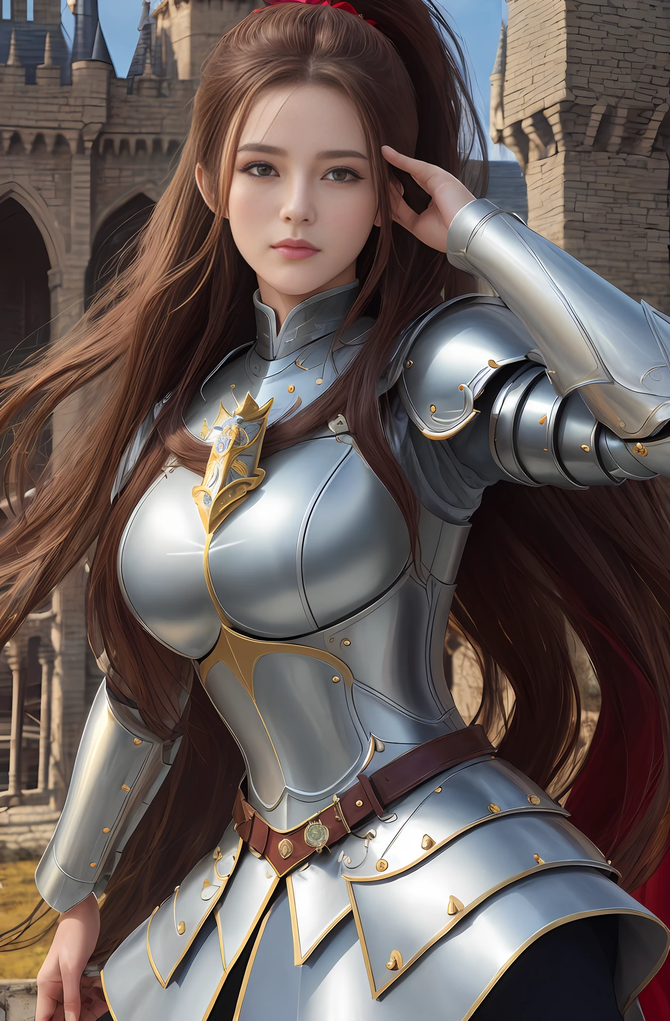 (16k, masterpiece, best quality), ultra-detailed, detailed beautiful round eyes, beautifully detailed face, high quality, high resolution, perfect anatomy, a female knight, in the castle, goddess, straight hair, hero, castle background, big breast, mature women, dynamic pose, scarlet long hair, ponytail, looking into the distance, knight pose