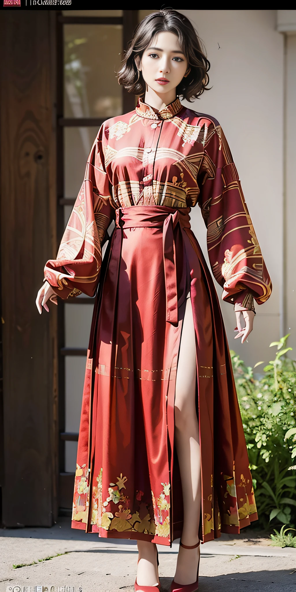 (dark red print long dress: 1.2), (flower print: 1.2), (white long sleeves), high heels, 1 girl, full body, high heels, (Short hair: 1.1), (Realistic: 1.7), (Best quality)), Ridiculous, (Ultra High Resolution), (Realistic: 1.6), Realistic, Octane Rendering, (Surreal: 1.2), (Realistic Face: 1.2), (8K), (4K), (Masterpiece), (Realistic Skin Texture), (Illustration, Cinematic Lighting, Wallpaper), (Beautiful Eyes: 1.2), (((Perfect Face)))), (Cute), (Standing), (Brunet), (Short Hair), Black Eyes, Red Lips, (Outdoor), (8K , RAW photos, best quality, masterpiece), ultra-high resolution,