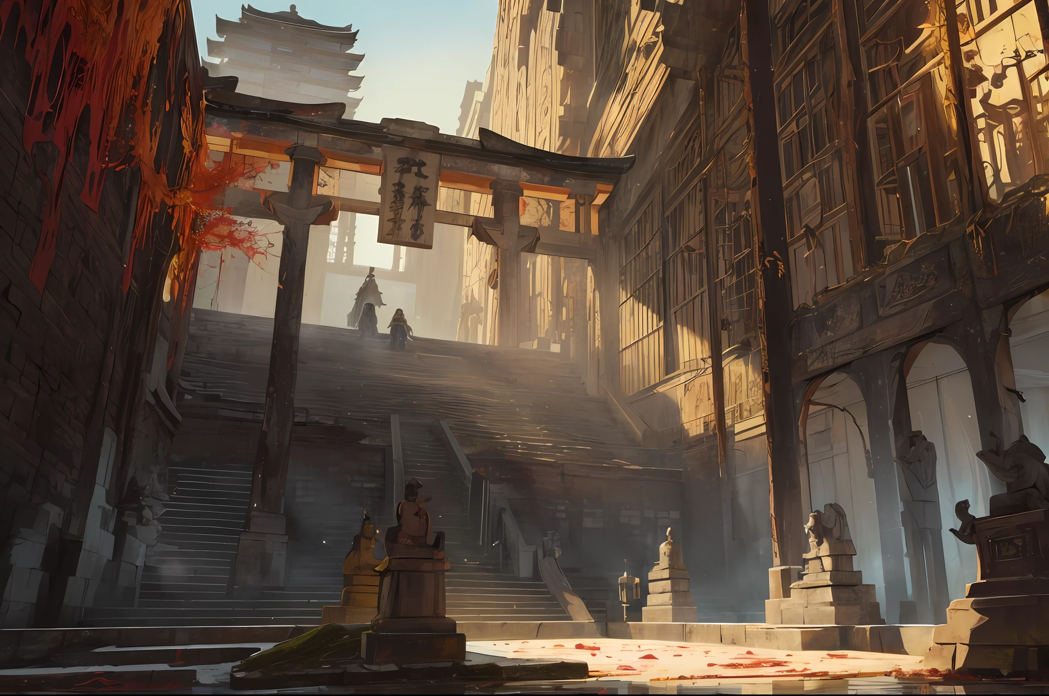As the sun begins to set and the sun shines on the statues, casting golden colors over the ancient Japanese landscape, our team gathers for a final farewell. This journey tests us in ways we can't imagine, but we emerge stronger, forging unbreakable bonds in the crucible of our shared experiences. The shadows of the forgotten lands have receded, and their repressed existence has been replaced by a new feeling of hope and tranquility. Once dilapidated and stained with the relics of war, the temple is now a symbol of resilience and victory. Glazed tiles sparkle in the twilight, Buddha statues exude an aura of tranquility, and their eyes seem to silently bless. ancient Japanese landscapes, Buddha statues, temples, (mysterious black fog), journey to the west, (dilapidated), (battlefield) )), (blood stains), absurdity, realistic lighting, (abyss) masterpiece, high quality, beautiful graphics, high detail, black hair, japanese wooden temple, red tori gate, blood stain,