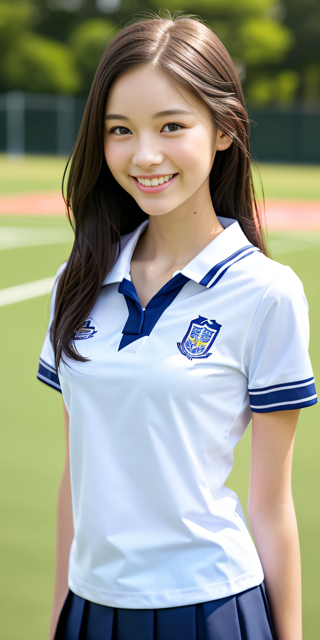 neat college girl, petite, (school uniform, summer clothes, short sleeves), outside the athletic field, (slim), photorealistic, detail, skin texture, ultra detail, delicate and sexy collarbone, smile, super detailed face, detailed lips, detailed eyes, breast emphasis