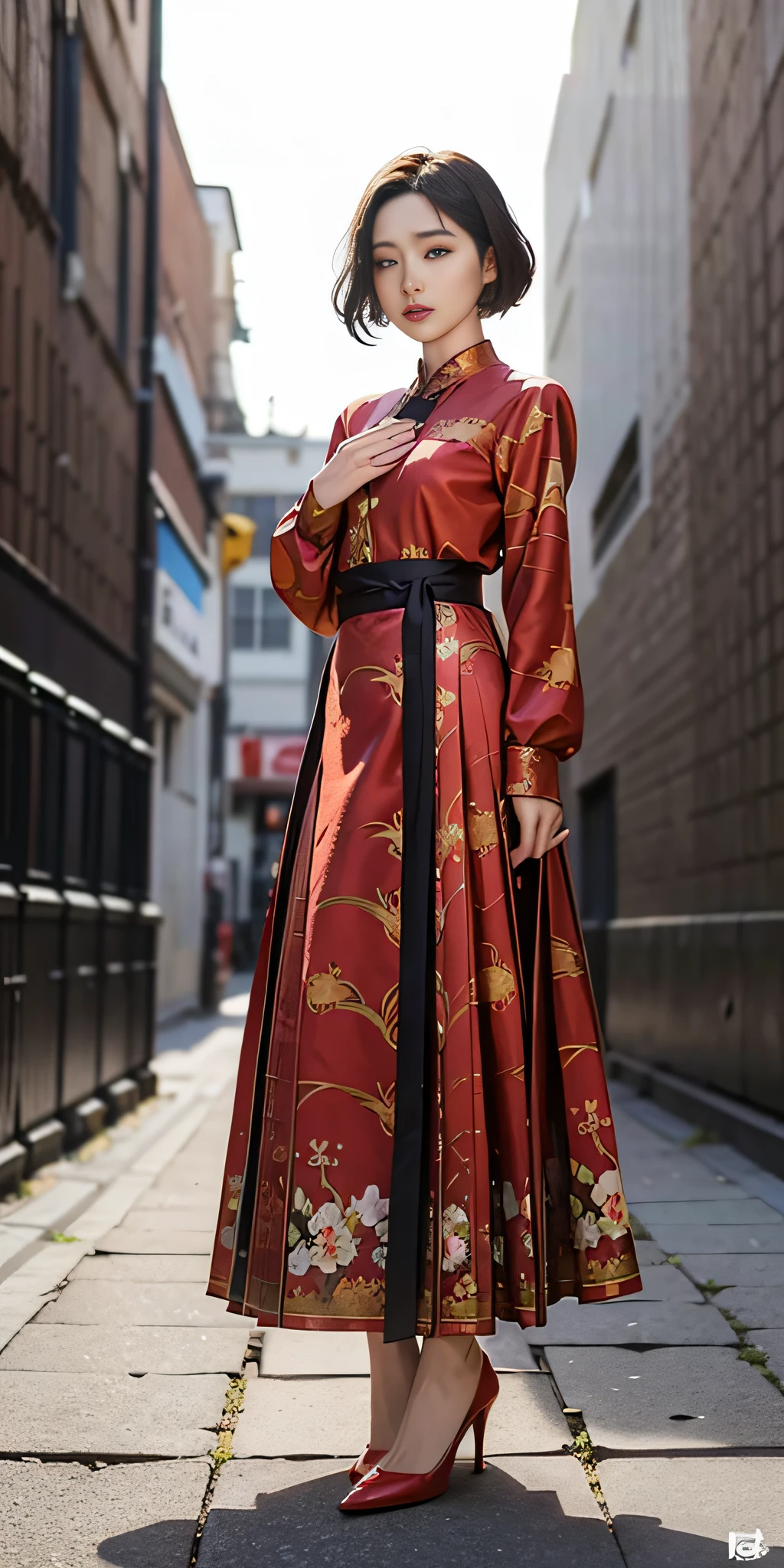 (dark red print long dress: 1.2), (flower print: 1.2), (white long sleeves), high heels, 1 girl, full body, high heels, (Short hair: 1.1), (Realistic: 1.7), (Best quality)), Ridiculous, (Ultra High Resolution), (Realistic: 1.6), Realistic, Octane Rendering, (Surreal: 1.2), (Realistic Face: 1.2), (8K), (4K), (Masterpiece), (Realistic Skin Texture), (Illustration, Cinematic Lighting, Wallpaper), (Beautiful Eyes: 1.2), (((Perfect Face)))), (Cute), (Standing), (Brunet), (Short Hair), Black Eyes, Red Lips, (Outdoor), (8K , RAW photos, best quality, masterpiece), ultra-high resolution,