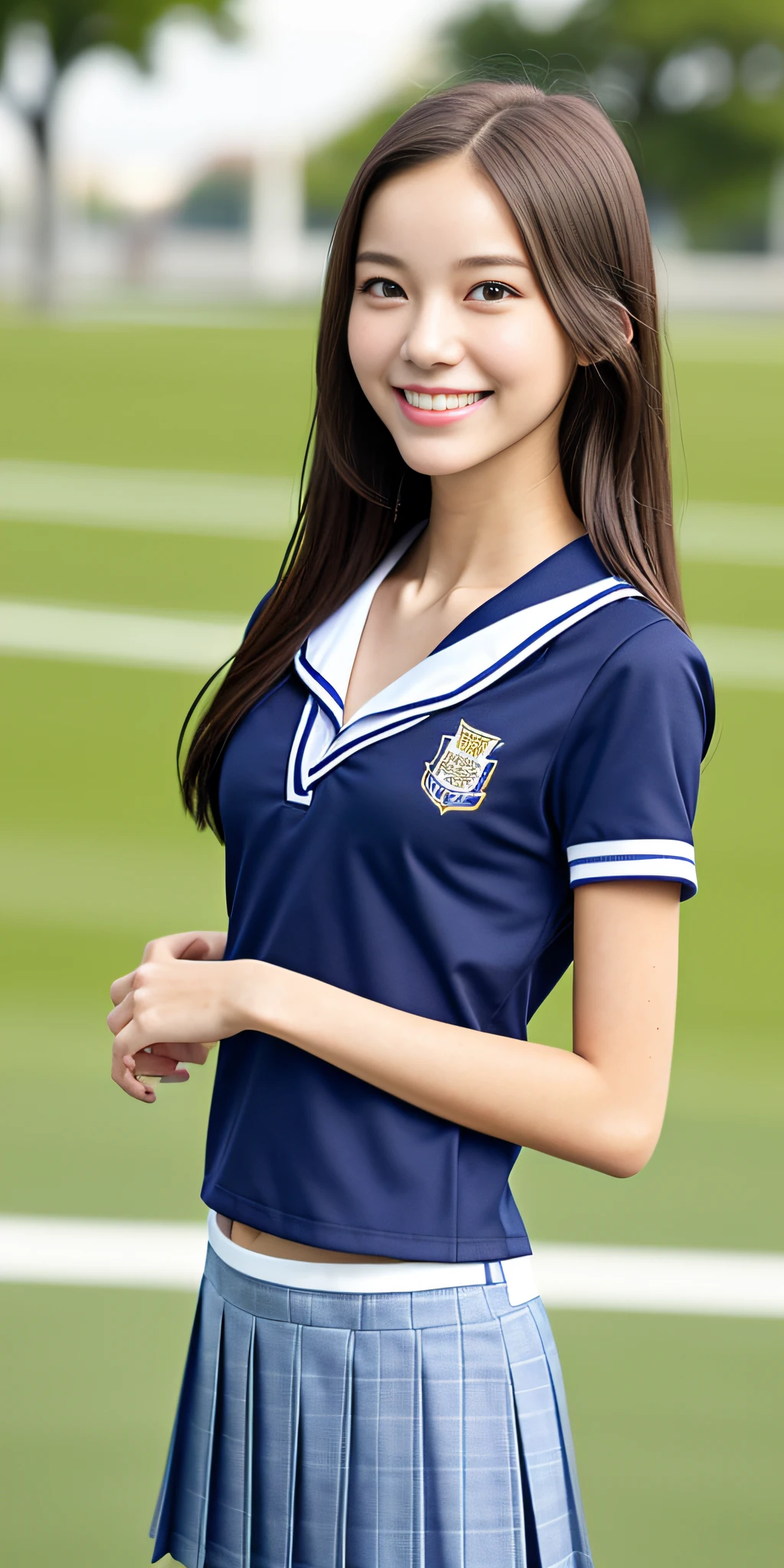 neat college girl, petite, (school uniform, summer clothes, short sleeves), outside the athletic field, (slim), photorealistic, detail, skin texture, ultra detail, delicate and sexy collarbone, smile, super detailed face, detailed lips, detailed eyes, breast emphasis