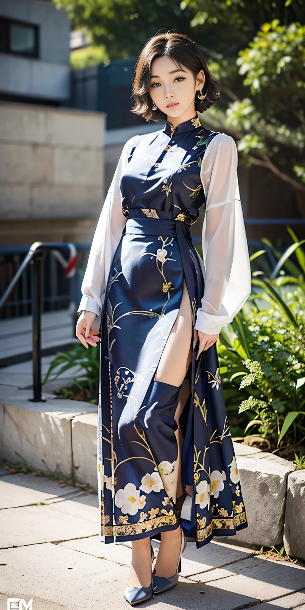 (navy blue print long dress: 1.2), (flower print: 1.2), (white long sleeves), high heels, 1 girl, full body, high heels, (Short hair: 1.1), (Realistic: 1.7), (Best quality)), Ridiculous, (Ultra High Resolution), (Realistic: 1.6), Realistic, Octane Rendering, (Surreal: 1.2), (Realistic Face: 1.2), (8K), (4K), (Masterpiece), (Realistic Skin Texture), (Illustration, Cinematic Lighting, Wallpaper), (Beautiful Eyes: 1.2), (((Perfect Face)))), (Cute), (Standing), (Brunet), (Short Hair), Black Eyes, Red Lips, (Outdoor), (8K , RAW photos, best quality, masterpiece), ultra-high resolution,