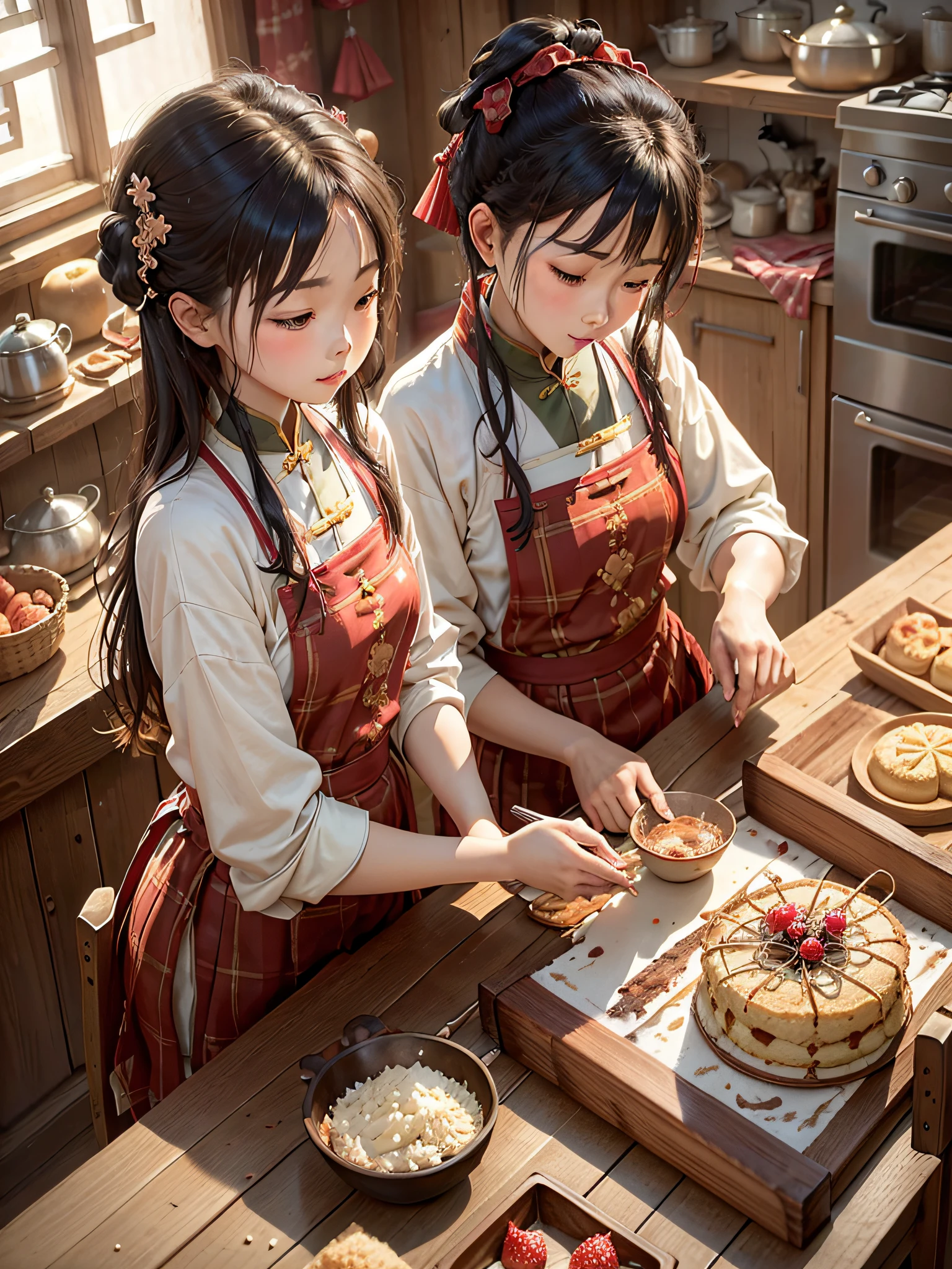 Chinese kitchen, warm sun, dining table, plaid tablecloth, fruit, flour, oven, a girl, making cakes, tempting cakes