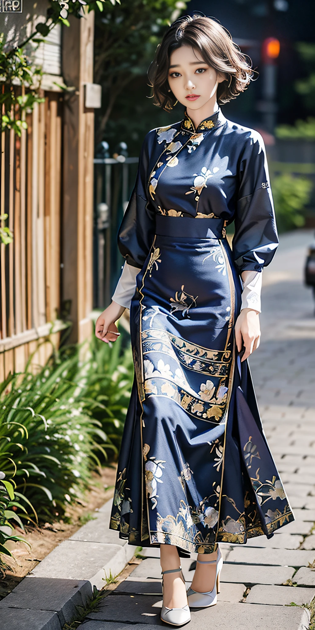 (navy blue print long dress: 1.2), (flower print: 1.2), (white long sleeves), high heels, 1 girl, full body, high heels, (Short hair: 1.1), (Realistic: 1.7), (Best quality)), Ridiculous, (Ultra High Resolution), (Realistic: 1.6), Realistic, Octane Rendering, (Surreal: 1.2), (Realistic Face: 1.2), (8K), (4K), (Masterpiece), (Realistic Skin Texture), (Illustration, Cinematic Lighting, Wallpaper), (Beautiful Eyes: 1.2), (((Perfect Face)))), (Cute), (Standing), (Brunet), (Short Hair), Black Eyes, Red Lips, (Outdoor), (8K , RAW photos, best quality, masterpiece), ultra-high resolution,