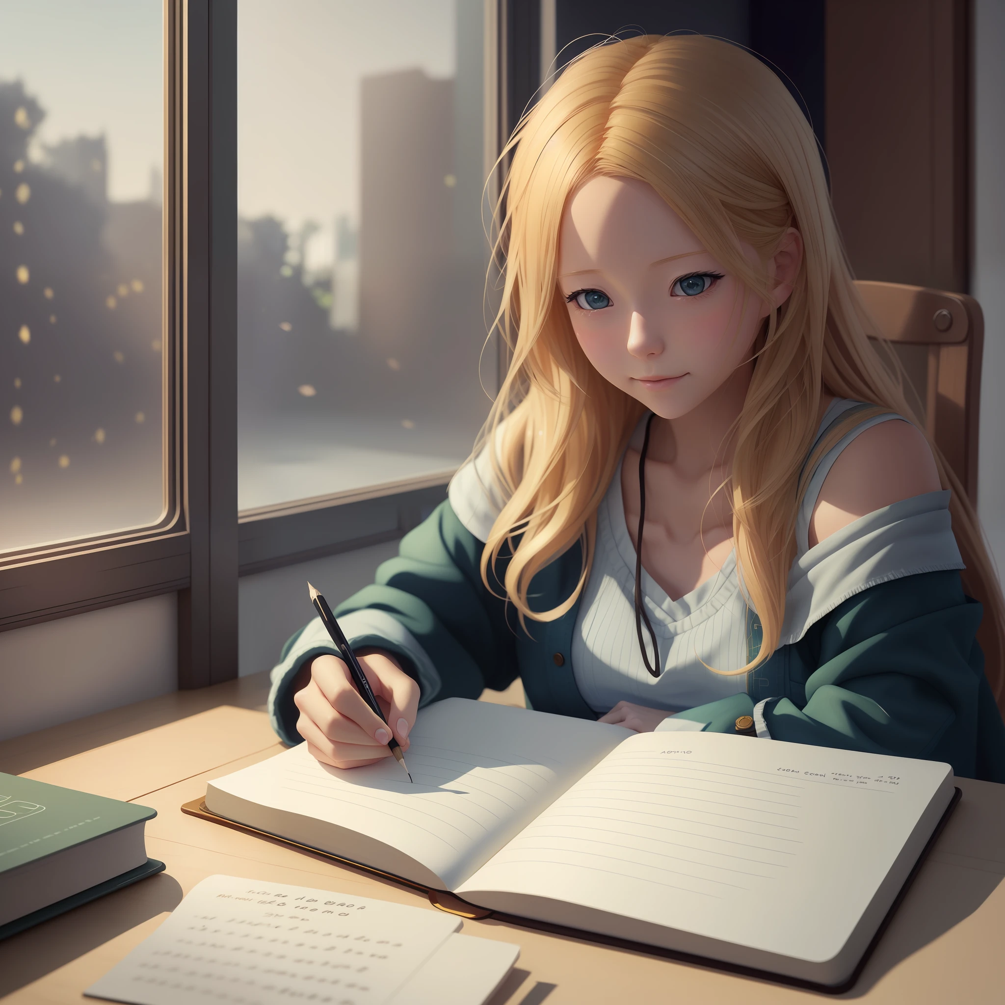 blond woman sitting at a table writing in a notebook, realistic cute girl painting, realistic artstyle, realistic art style, realistic anime artstyle, realistic anime art style, anime realism style, realistic young anime girl, beautiful realistic photo, realistic digital painting, realistic digital illustration, realistic anime 3 d style, realistic digital art 4 k, realistic digital art 4k