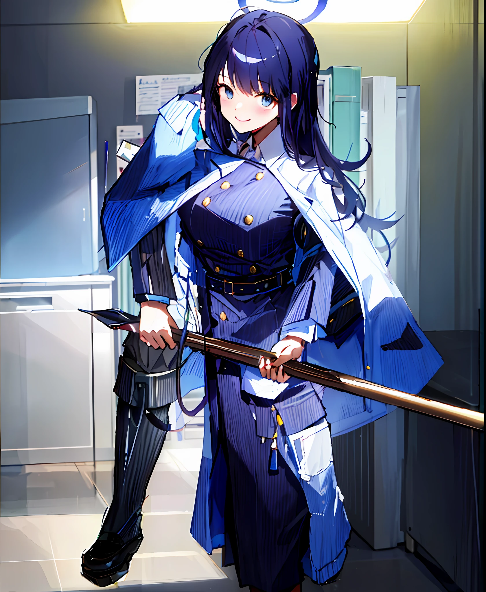 ((Masterpiece, Excellent)), (1girl), (), dark blue hair, halo, trumpet, ((office lady)), bangs, mid-breasted, (plump), slim, smile, [wide buttocks], office, standing, aru \(blue archive\),