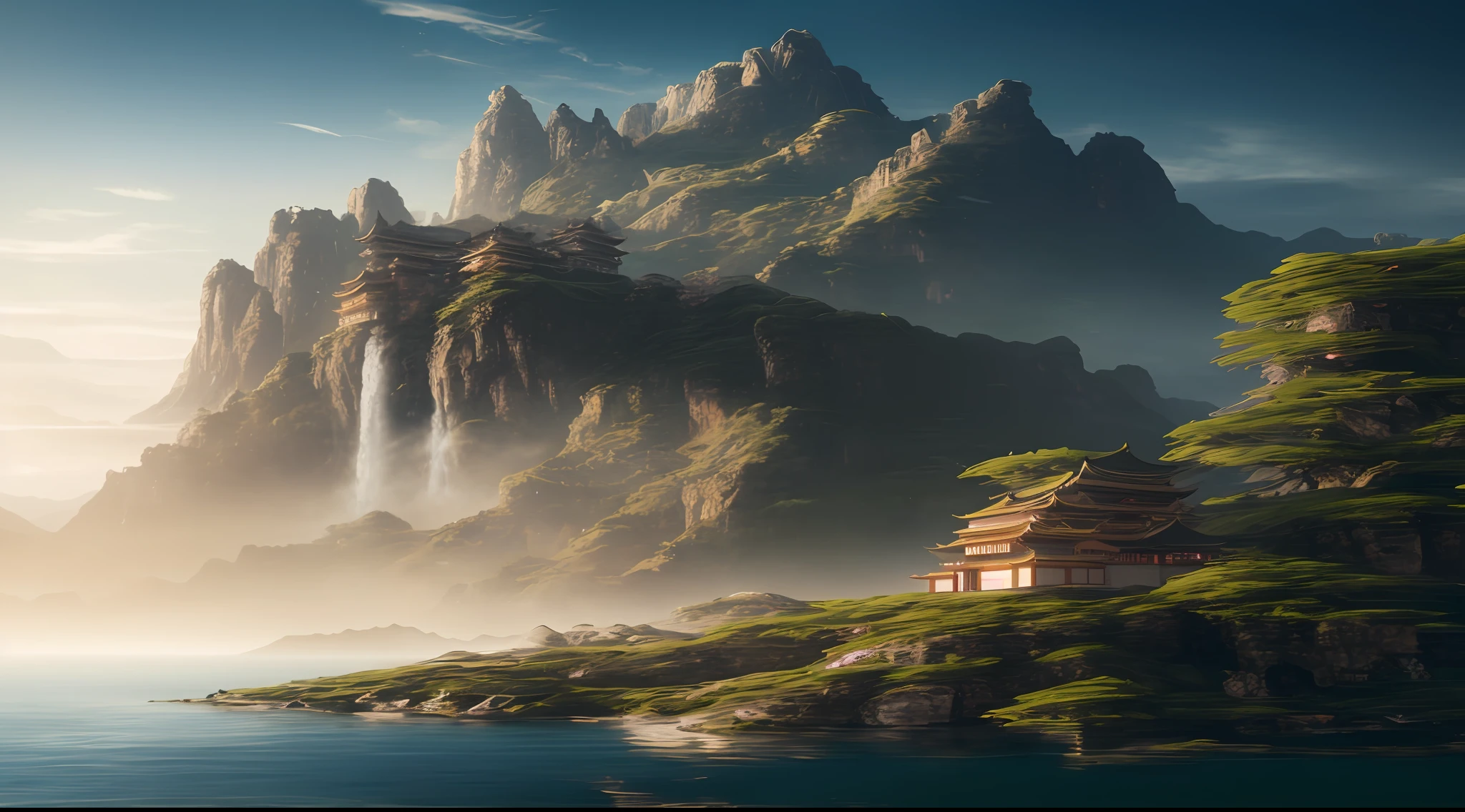mountains and a waterfall in the middle of a lake with a small house on top, 4k fantasy art, 4k highly detailed digital art, cyberpunk chinese ancient castle, 8k stunning artwork, concept art wallpaper 4k, concept art 4 k, concept art 4k, 4 k vertical wallpaper, 4k vertical wallpaper, 8k fantasy art, impressive fantasy landscape