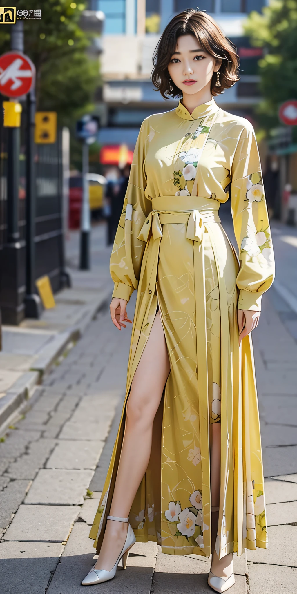 (Yellow print long dress: 1.2), (flower print: 1.2), (white long sleeves), high heels, 1 girl, full body, high heels, (Short hair: 1.1), (Realistic: 1.7), (Best quality)), Ridiculous, (Ultra High Resolution), (Realistic: 1.6), Realistic, Octane Rendering, (Surreal: 1.2), (Realistic Face: 1.2), (8K), (4K), (Masterpiece), (Realistic Skin Texture), (Illustration, Cinematic Lighting, Wallpaper), (Beautiful Eyes: 1.2), (((Perfect Face)))), (Cute), (Standing), (Brunet), (Short Hair), Black Eyes, Red Lips, (Outdoor), (8K , RAW photos, best quality, masterpiece), ultra-high resolution,