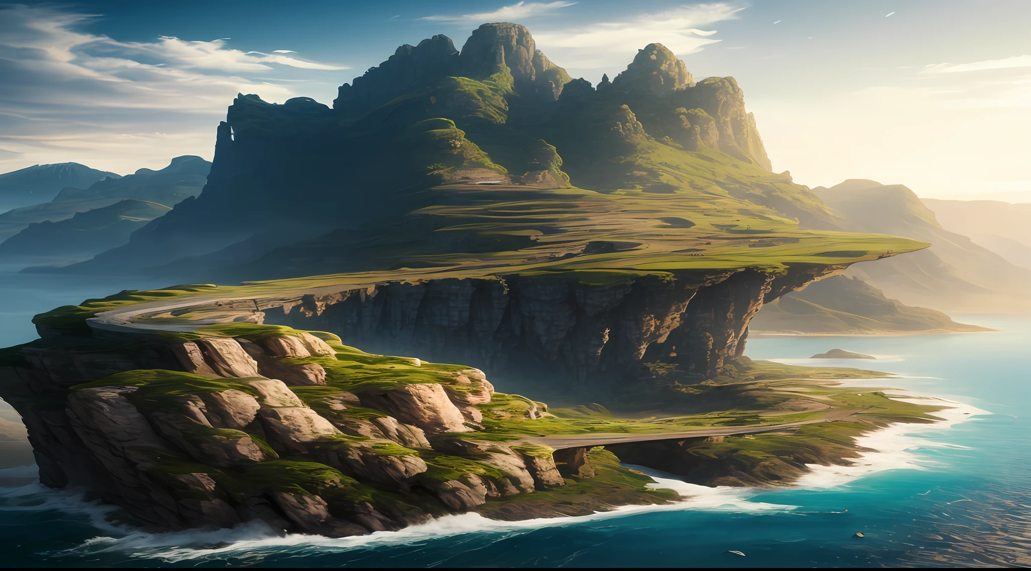 Masterpiece, best quality, high quality, extremely detailed CG unity 8k wallpaper, landscape, outdoor, sky, clouds, sky, no humans, mountain, landscape, water, tree, blue sky, waterfall, cliff, nature, lake, river , cloudy skies, award winning photography, bokeh, depth of field, HDR, bloom, chromatic aberration, photorealism, very detailed, trending on artstation, trending on CGsociety, intricate, high detail, dramatic, half way art