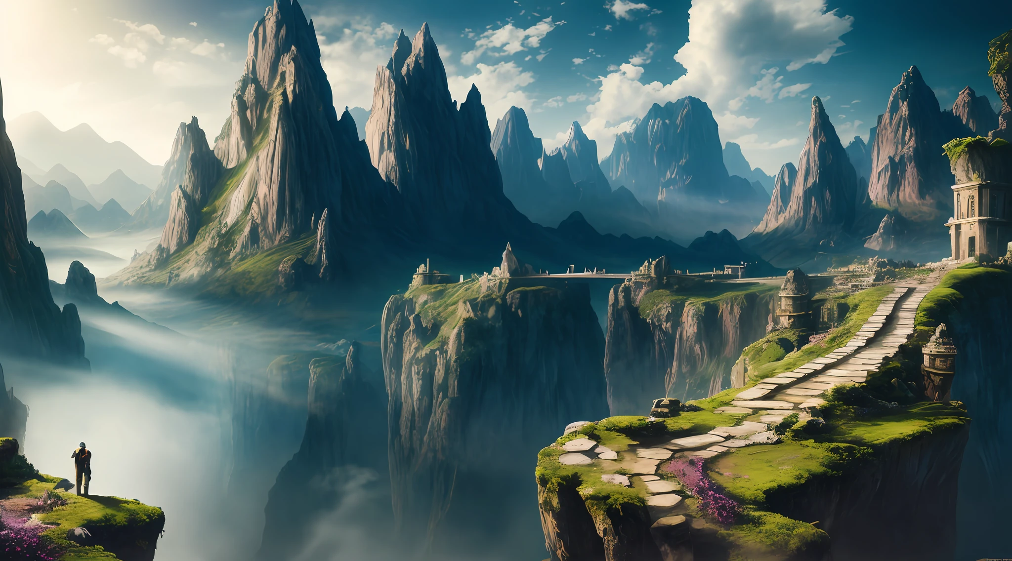 mountains with a bridge and a man standing on a cliff, epic dreamlike fantasy landscape, impressive fantasy landscape, matte painting in fantasy style, epic fantasy landscape, beautiful render of a landscape, high fantasy landscape, fantasy art landscape, fantasy landscape, high fantasy matte painting, epic matte painting of an island, fantasy matte painting, most epic landscape, mystical fantasy landscape