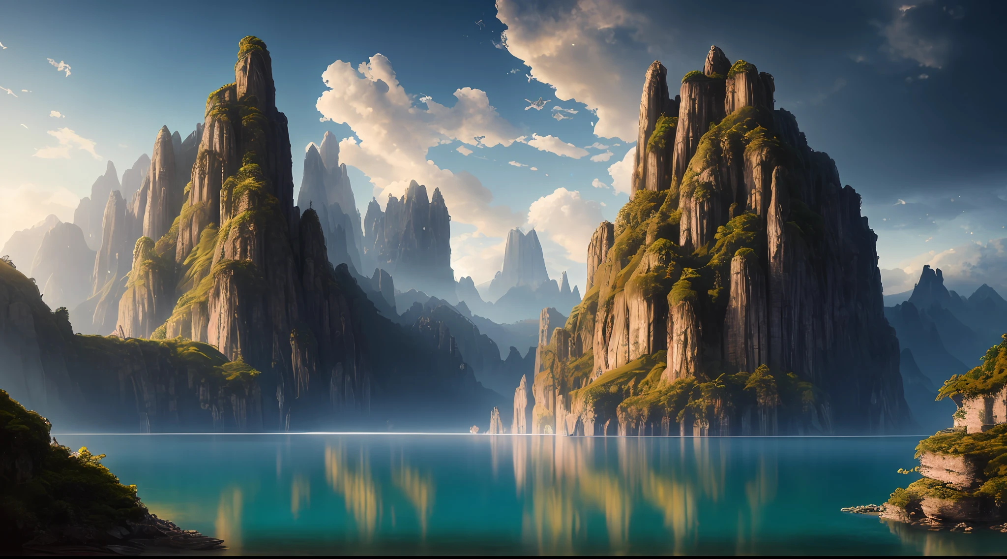 Masterpiece, best quality, high quality, extremely detailed CG unity 8k wallpaper, landscape, outdoor, sky, clouds, sky, no humans, mountain, landscape, water, tree, blue sky, waterfall, cliff, nature, lake, river , cloudy skies, award winning photography, bokeh, depth of field, HDR, bloom, chromatic aberration, photorealism, very detailed, trending on artstation, trending on CGsociety, intricate, high detail, dramatic, half way art