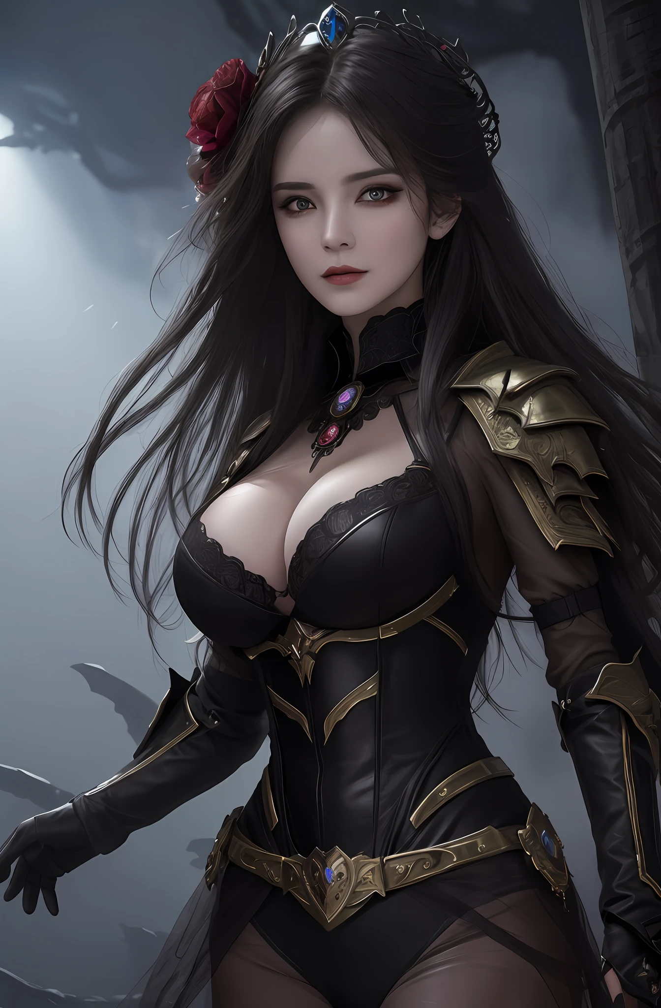 (16k, masterpiece, best quality), ultra-detailed, detailed beautiful round eyes, beautifully detailed face, high quality, high resolution, perfect anatomy, (a female necromancer appeared from the fog with an army of undead), in the darkness of the night, goddess of darkness, undead army, straight hair, evil, an evil face, undead background, big breast, mature women, dynamic pose, looking into the distance