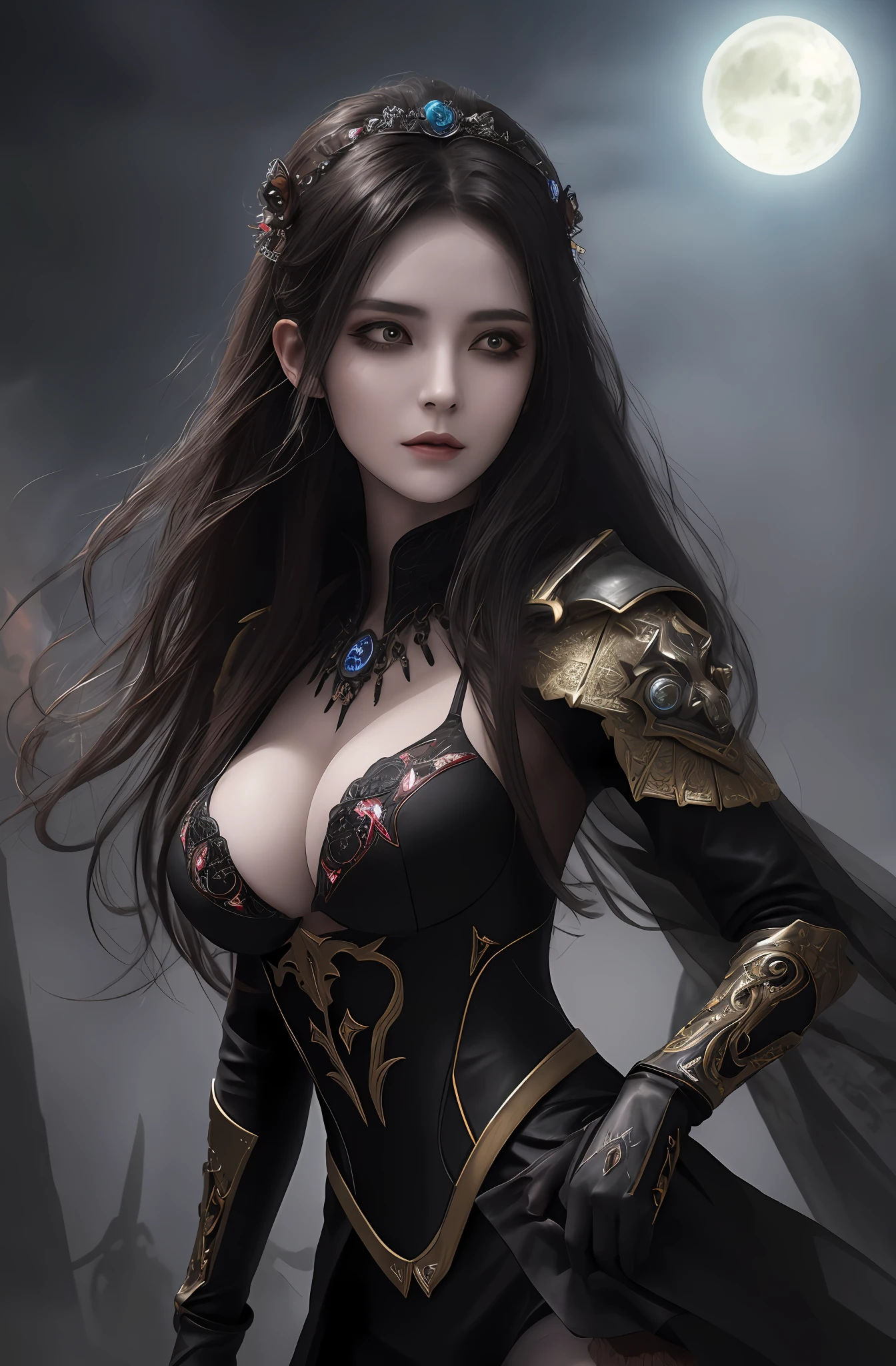 (16k, masterpiece, best quality), ultra-detailed, detailed beautiful round eyes, beautifully detailed face, high quality, high resolution, perfect anatomy, (a female necromancer appeared from the fog with an army of undead), in the darkness of the night, goddess of darkness, undead army, straight hair, evil, an evil face, undead background, big breast, mature women, dynamic pose, looking into the distance