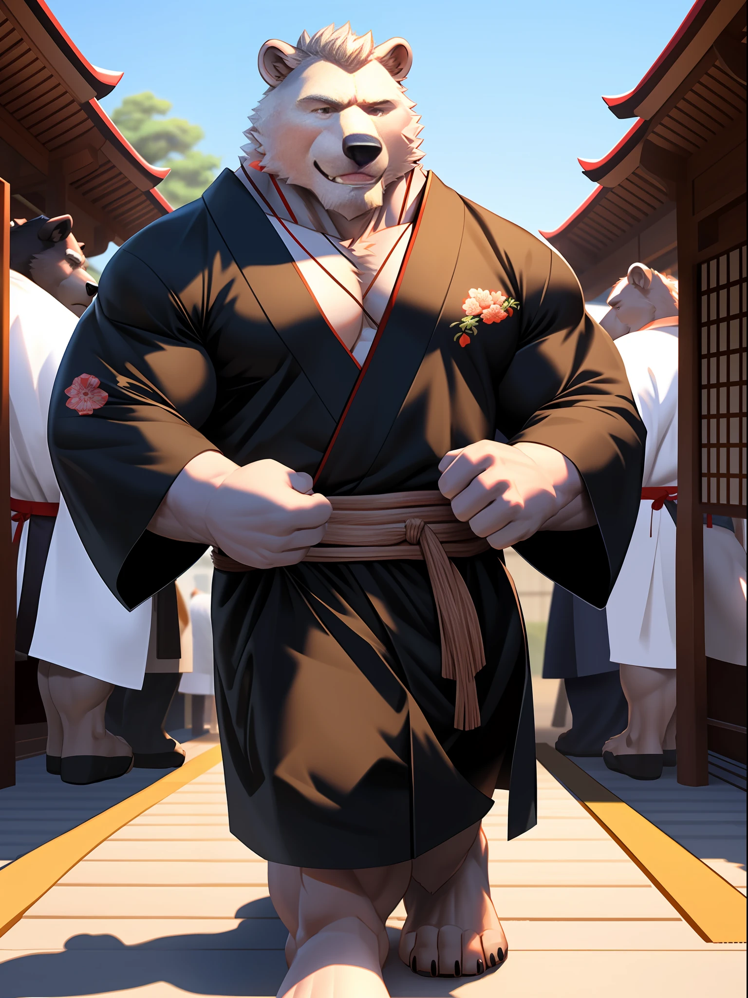 muscular man walking around in traditional Japanese festivals, stands, white fundoshi,((open) black kimono,pattern), furry, an anthro (white bear), an anthto, a old man muscular,  hair, happy expression, extremely detailed muscle, detailed face, face, detailed eyes, eyes, detailed muscle, realistic rendering, CG realistic, 3d realistic, photography, background