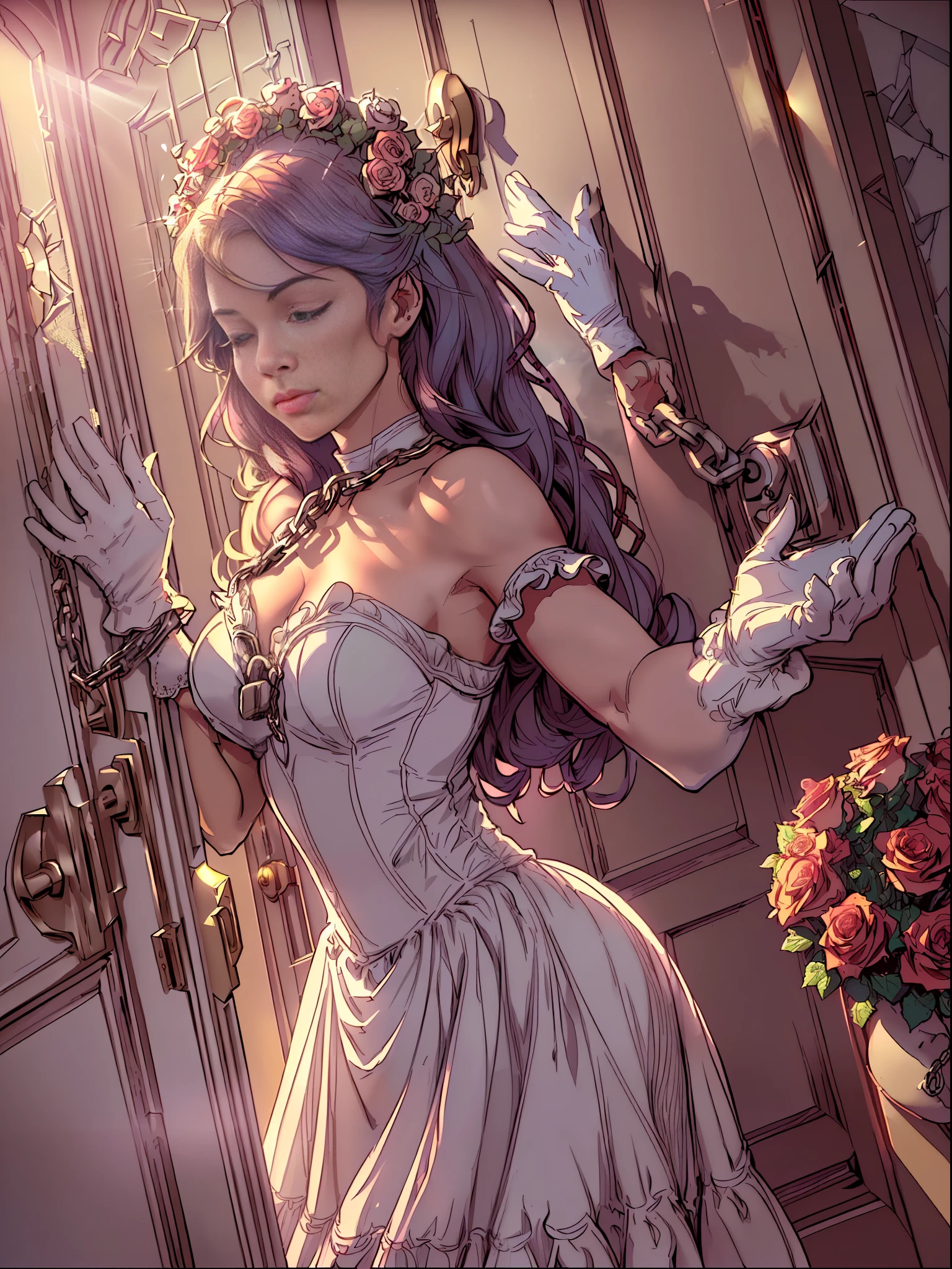 ((door closed)) , ((Stretching a female hand out of the door, his hand on the doorknob, very pretty, wearing gloves, roses, and a ring with a chain)), ((From the door: a beautiful giant reaching up to the clouds, and the clouds below)) ((God's rays, glowing light, halftone, anaglyph, cinematic lighting, blur, motion blur, buff))