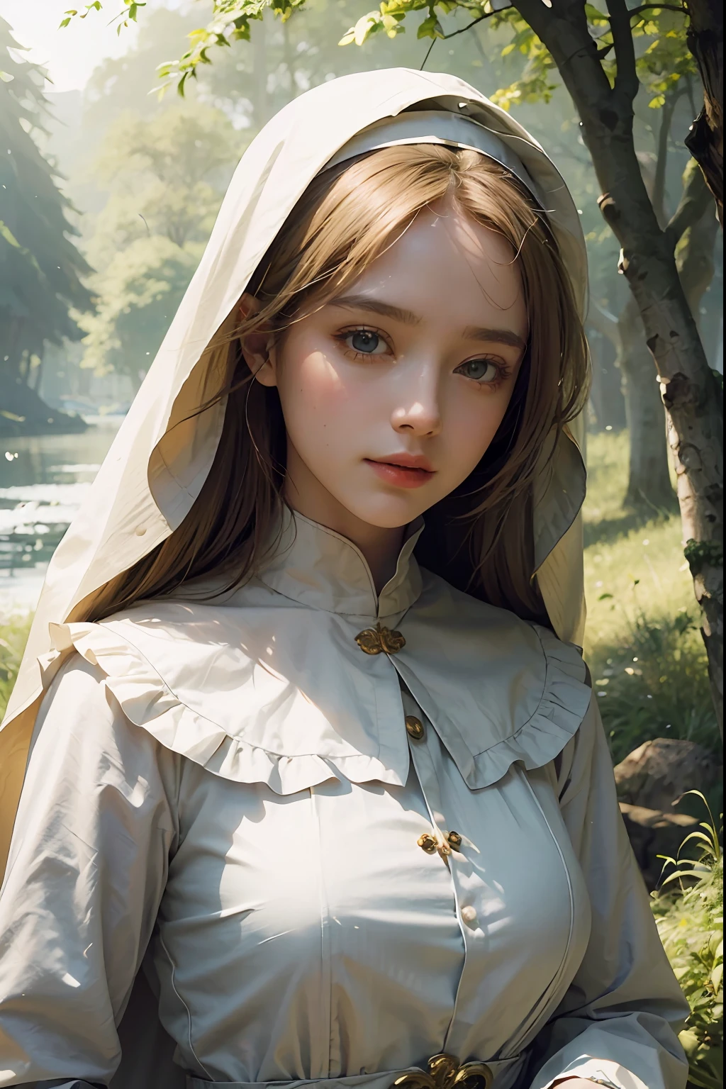((super fine illustration, 8k, Masterpiece :1.2, Sharp focus :1.2, depth of field:1.2)),cinematic lighting, Medieval age, village church nun, beautiful golden hair, gentle eyes, beautiful skin, everything she sees makes me feel gentle, natural light, the beauty of the river, the trees of the forest with beautiful sunlight filtering through the trees, and all that gently envelops her