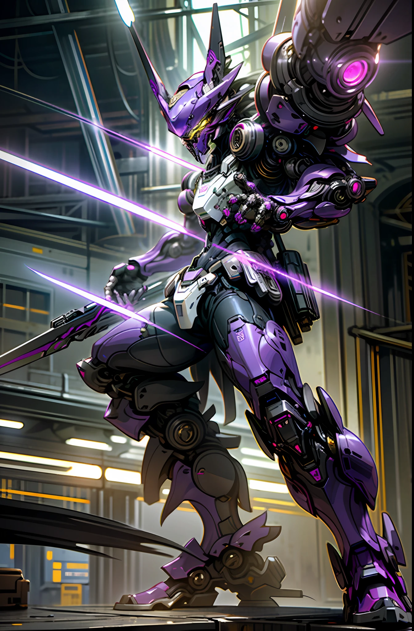 Dark_Fantasy, Cyberpunk, (purple:1.5), 1 Wolf, Mechanical marvel, Robotic presence, wearing a shabby mech suit, purple wolf mech, holding two lightsabers, purple lightsaber, knife drawing pose, claw gloves, sharp-toothed helmet, purple lighting, intricate, (steel metal [rusty]), elegant, clear focus, photographed by Greg rutkowski, soft lighting , bright colors, masterpieces, ((tunnel)), dynamic poses