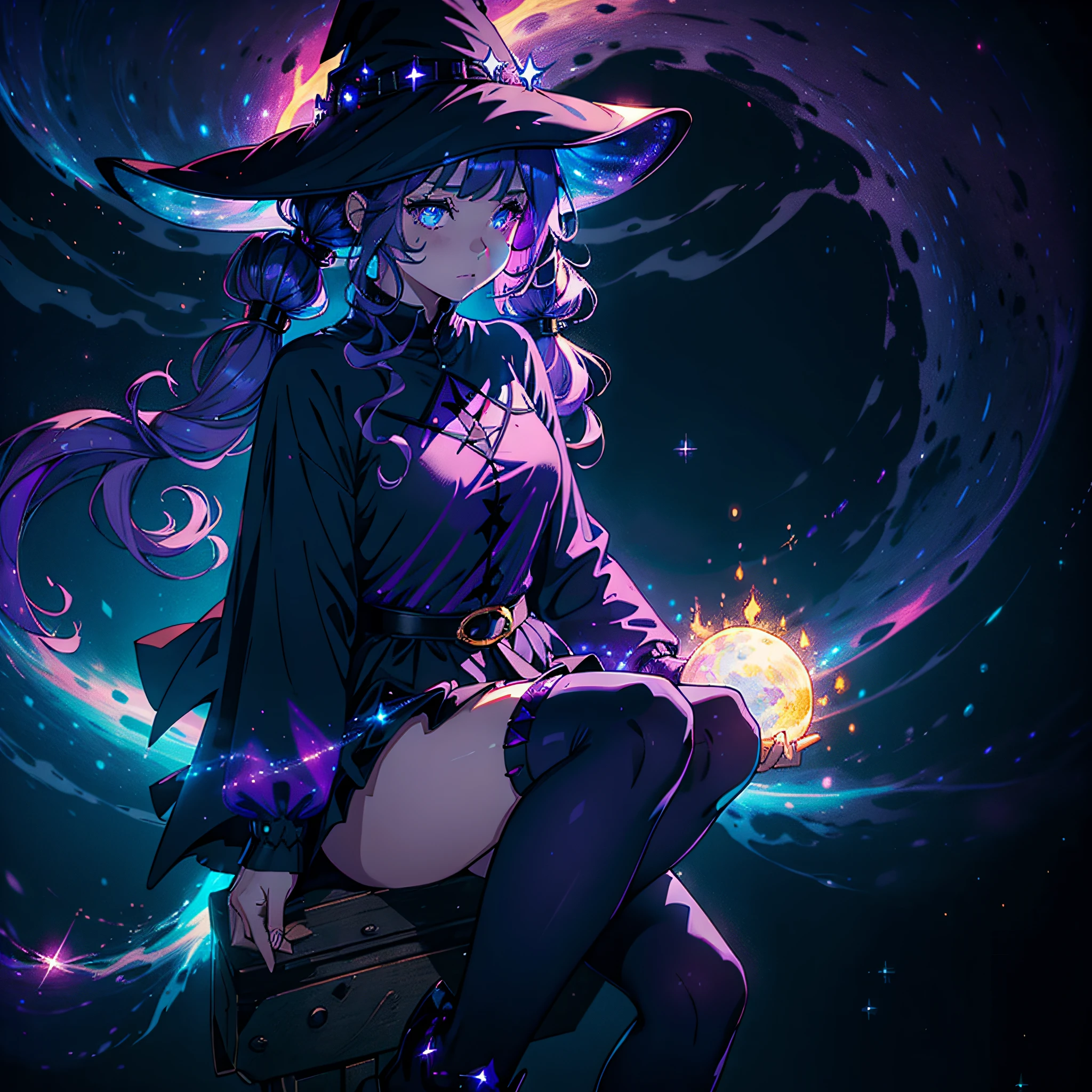 1girl, solo, plump, witch, purple, blue eyes, glowing eyes, cape, star pattern, purple t-shirt, wavy skirt, sequins, transparent fabric, black socks, witch hat, glowing star, purple long hair, twintails, bangs, sitting, fire, lights, flying lights