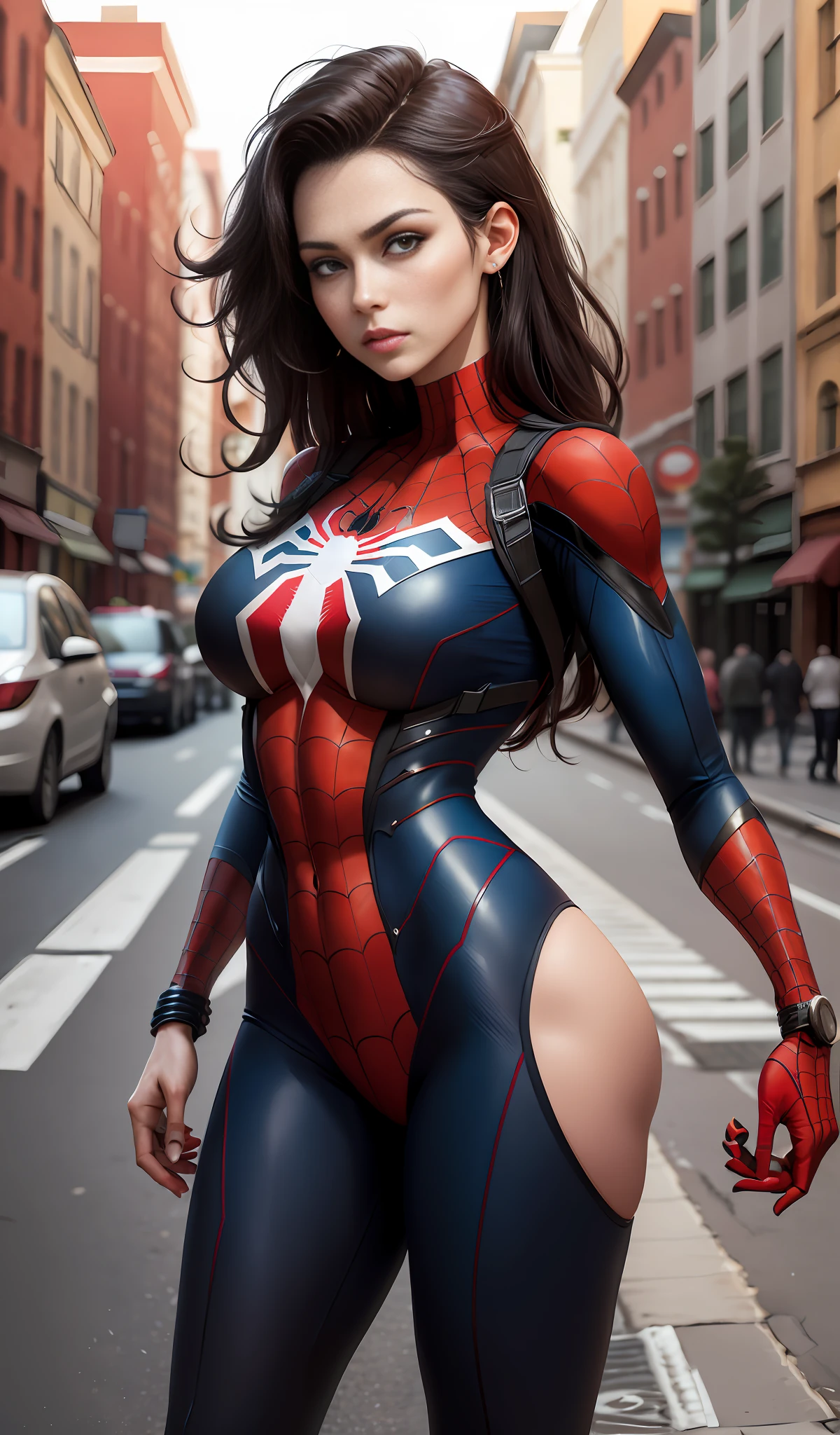 8K, realistic, ironic, very detailed, there is a girl in the sky, wearing a Spider-Man costume, she is Spider-Man, superhero theme, long black hair, 20 years old, full body, best angle, masterpiece photography, masterpiece: 1.2, best quality), full body, realistic, (real picture, meticulously crafted, depth of field), cleft lip, high detail, perfect face shape, perfect body, oversize model, mature woman, tall long legs, big breasts,