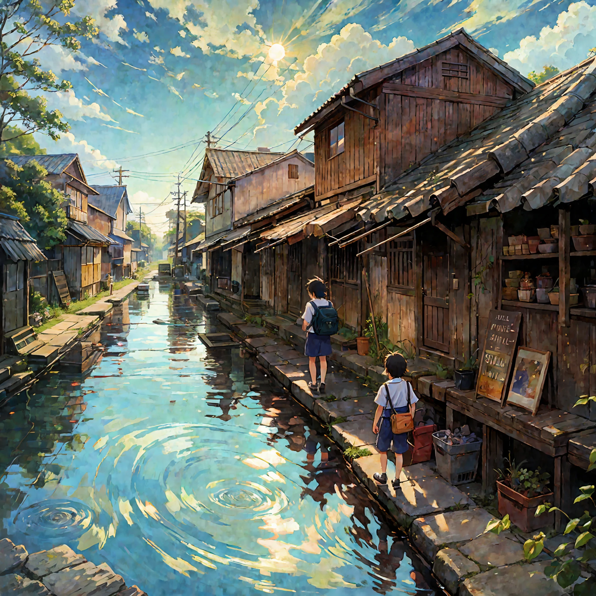 Anime scene of two children walking on a narrow canal, reflection. By Makoto Shinkai, Makoto Shinkai's style