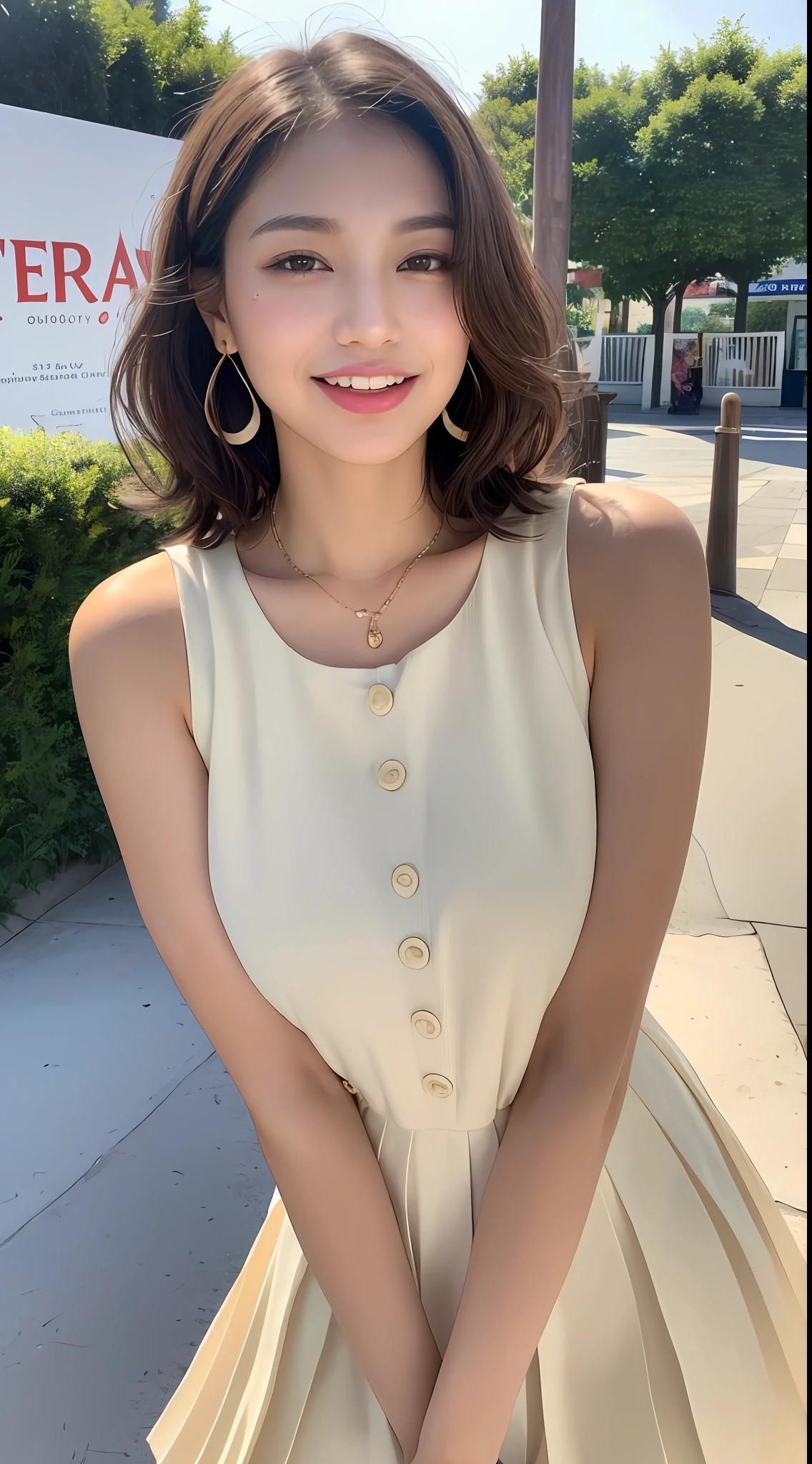 ((Best Quality, 8K, Masterpiece: 1.3, 1girl, Beautiful Girl, Ultra-detailed face and skin texture, Detailed Lips, Detailed Tongue, Dynamism)), Photorealistic, raw photo, natural lighting、( dark rust colored wavy short hair), big, toned abdomen, big round buttocks, double eyelids, dark gray eyes, moist lips, large earrings, simple necklace, moles around the eyes, (cream color sleeveless pleated dress, theme park), smile, full body, eat popcorn