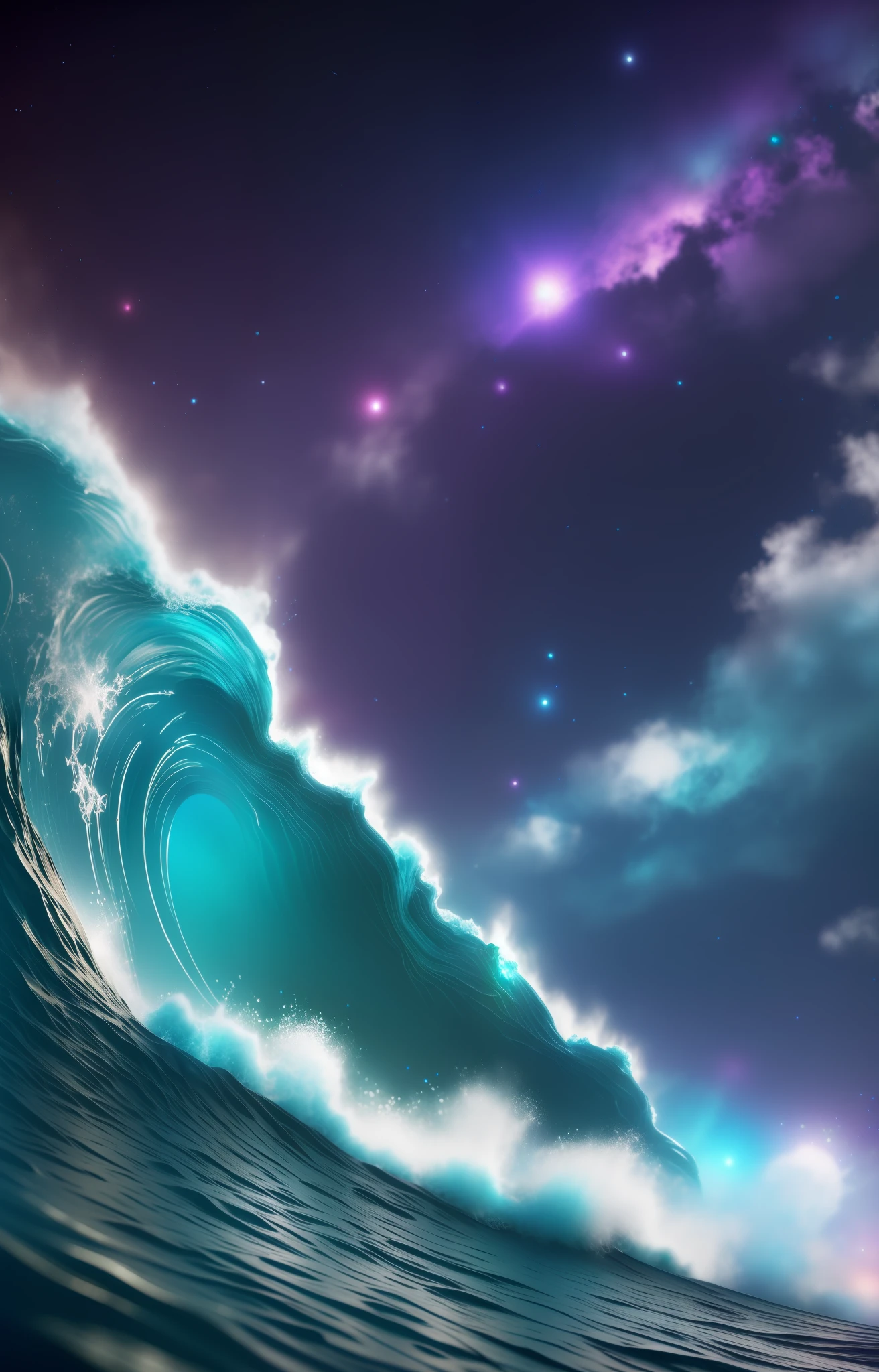 Alien planet (blue ocean) smooth rolling waves, beautiful transparent water, night, huge fish jumping out of the waves, spotted iridescent plankton in the water, shimmering water mist, dark purple sky in the background, stars dotted, unknown constellation sky, (there are multiple bright moons and planets in the sky: 1.5), glowing horizon, enchanting views, masterpieces, best quality, detailed 4k wallpapers, award-winning art, bokeh, depth of field, HDR, bloom, chromatic aberration, very detailed, Trends on artstation, trends on CGsociety, dramatic