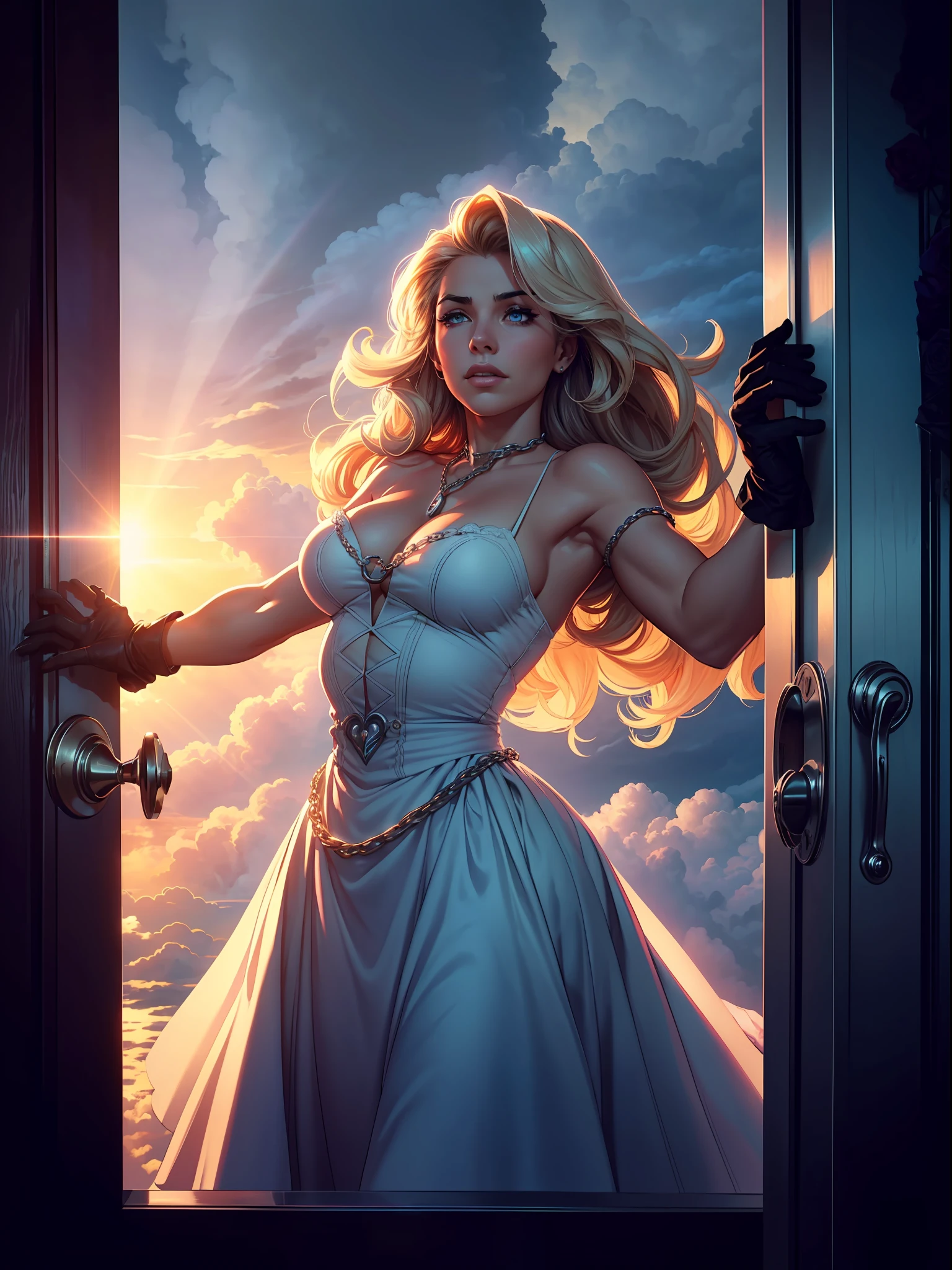 ((clouds ))((Stretching a female hand out of the door, his hand on the doorknob, very pretty, wearing gloves, roses, and a ring with a chain)), ((From the door: a beautiful giant reaching up to the clouds, and the(( clouds below)))) ((God's rays, glowing light, halftone, anaglyph, cinematic lighting, blur, motion blur, buff)) --auto --s2