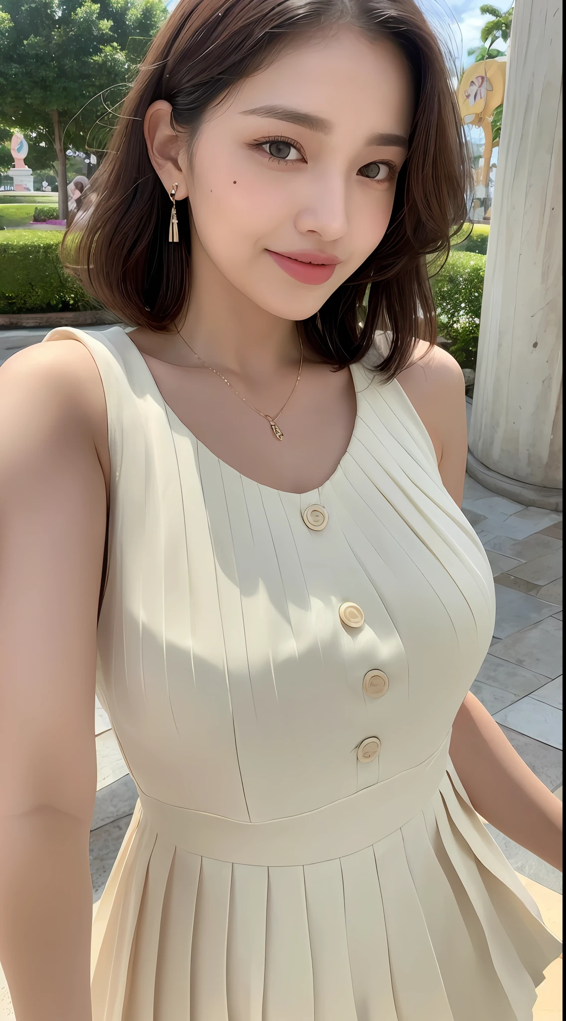 ((Best Quality, 8K, Masterpiece: 1.3, 1girl, Beautiful Girl, Ultra-detailed face and skin texture, Detailed Lips, Detailed Tongue, Dynamism)), Photorealistic, raw photo, natural lighting、( dark rust colored wavy short hair), big, toned abdomen, big round buttocks, double eyelids, dark gray eyes, moist lips, large earrings, simple necklace, moles around the eyes, (cream color sleeveless pleated dress, theme park), smile, full body, looking back