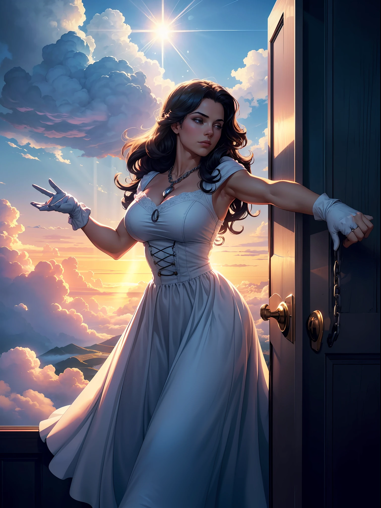 ((clouds ))((Stretching a female hand out of the door, his hand on the doorknob, very pretty, wearing gloves, roses, and a ring with a chain)), ((From the door: a beautiful giant reaching up to the clouds, and the(( clouds below)))) ((God's rays, glowing light, halftone, anaglyph, cinematic lighting, blur, motion blur, buff)) --auto --s2
