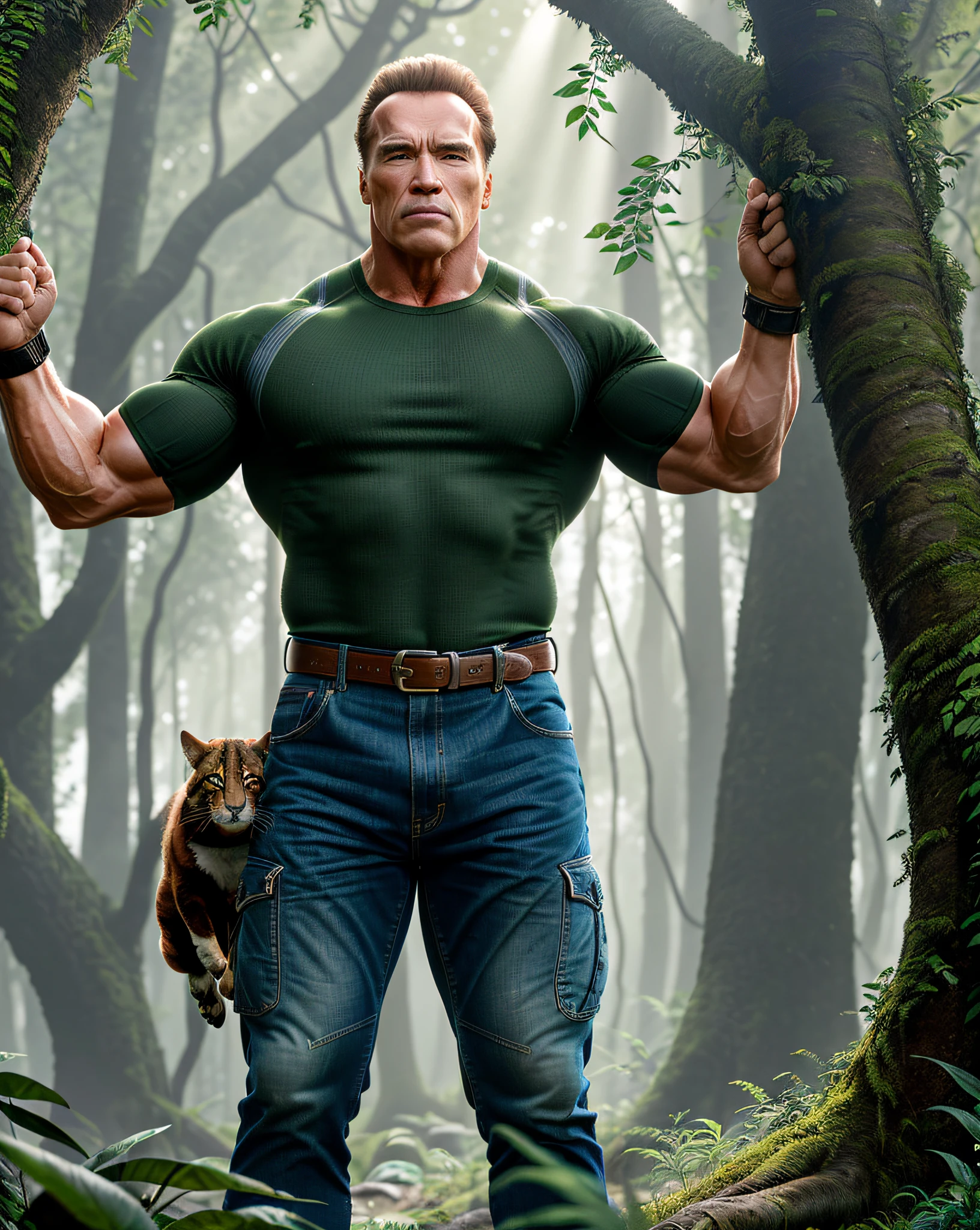(Masterpiece), (Extremely Complicated:1.3), (Realistic), Arnold Schwarzenegger, Nature, Green, Outdoor, Intense Sunlight, Animals, professional photo of Arnold Schwarzenegger in nature Detailed Animals in Background, Environment, Sharp Focus, Dramatic, Award-Winning, Cinematic Lighting, Octane Rendering, Unreal Engine, Volumetrics DTX