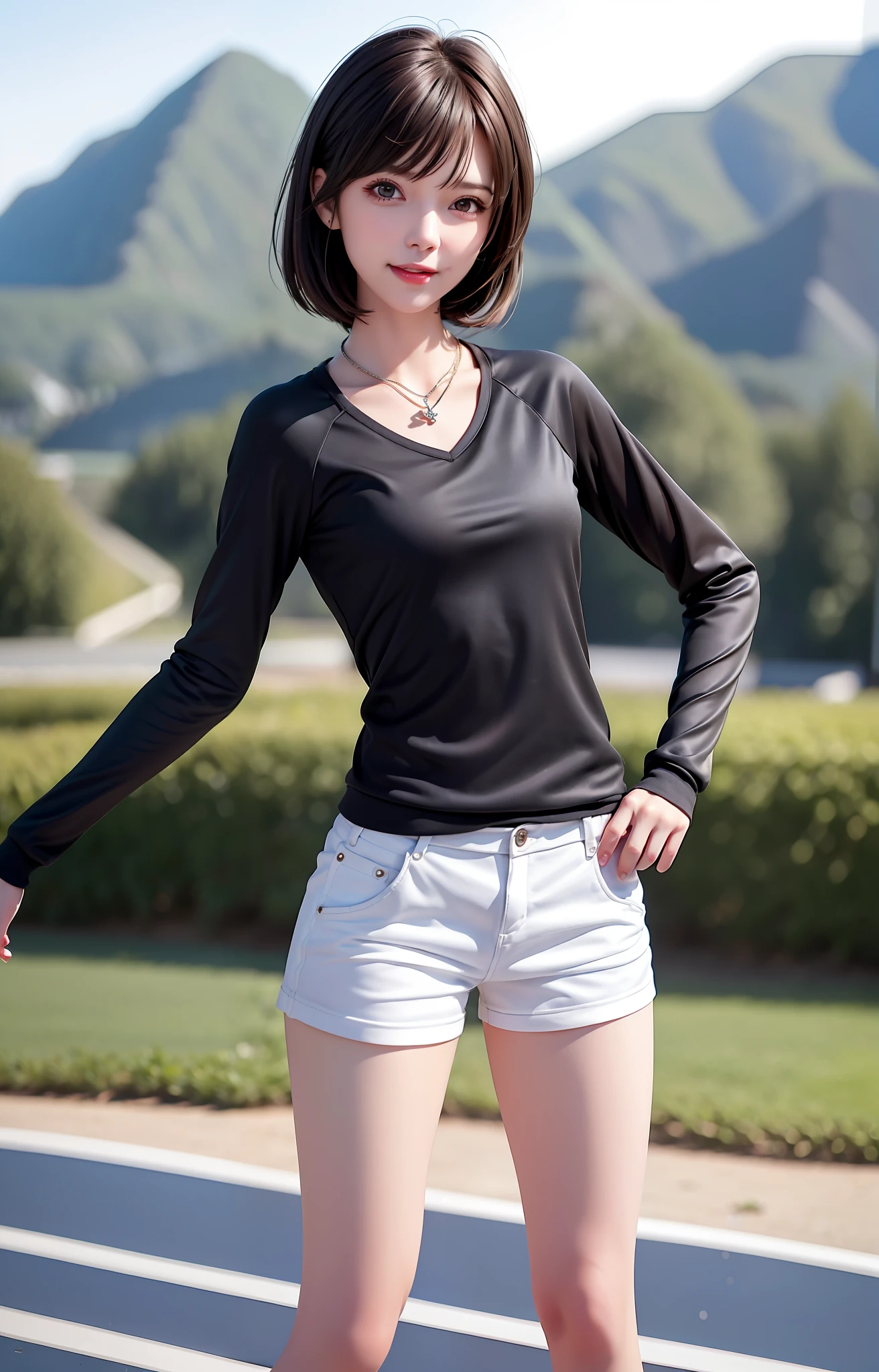 (Original photo: 1.2), (Realistic: 1.4), (Masterpiece: 1.3), (Best quality: 1.4), Ultra High Resolution,
HD, 8K resolution,
dream
Check comments, comment requests, landscapes, ((no text)),
Solo focus, (whole body),
(detailed eyes), (detailed facial features), (detailed clothing features),
Tight skin, (shiny skin), (slim girl), (slim girl),
(1 girl, solo), virtual girl Rin, happy, smile, (small tits), bangs, bobb hair, short hair, brown hair, brown eyes, black necklace,
College students, female students, white high school tracksuits, red sports shorts, sneakers,