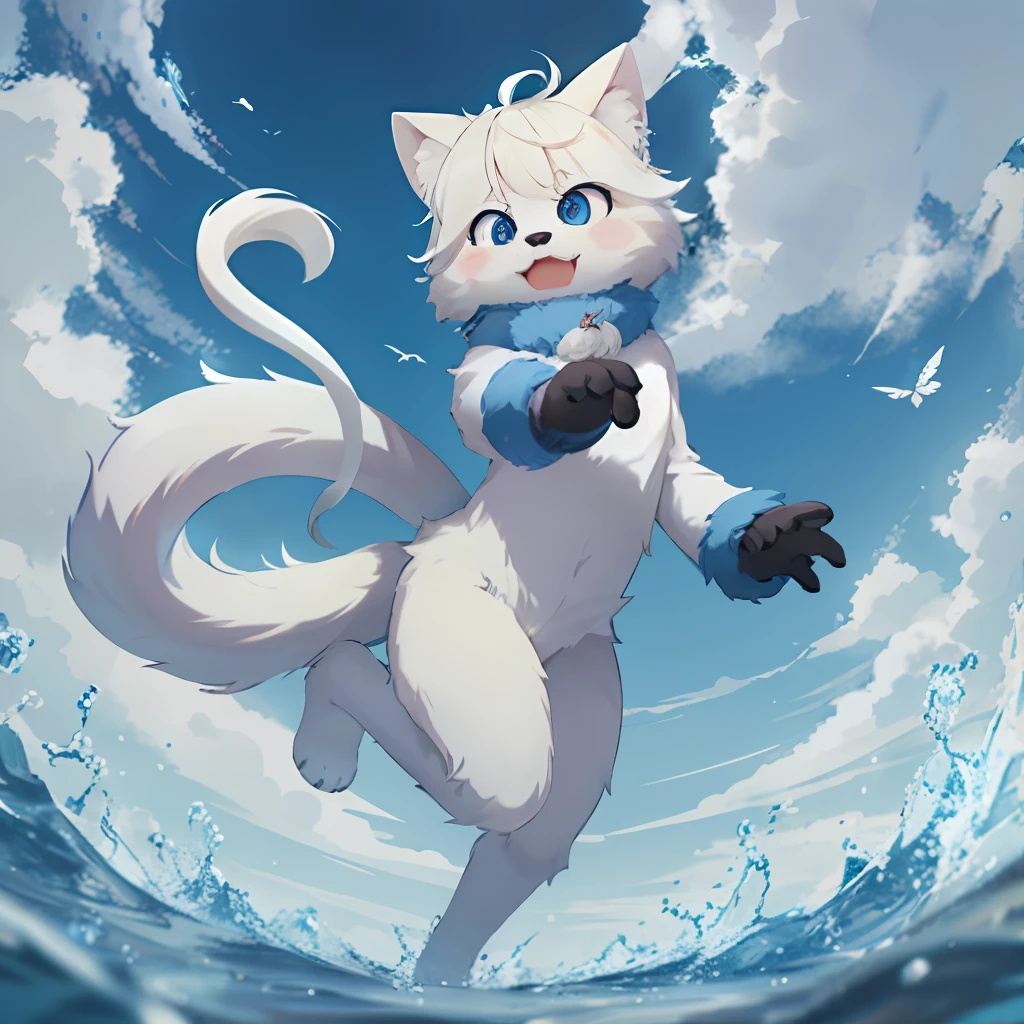 super fine illustration(森の中の湖で水遊びをしている、遠くを見ている)depth of field(highly detailed beautiful face and eyes)absurdres perfect anatomy(angelic cute 1boy solo focus)(furry anthro:1.2)(fur covered body animal facial features animal body features)(animal muzzle highly detailed fur)(chibi:0.7)full body open mouth(dynamic pose),