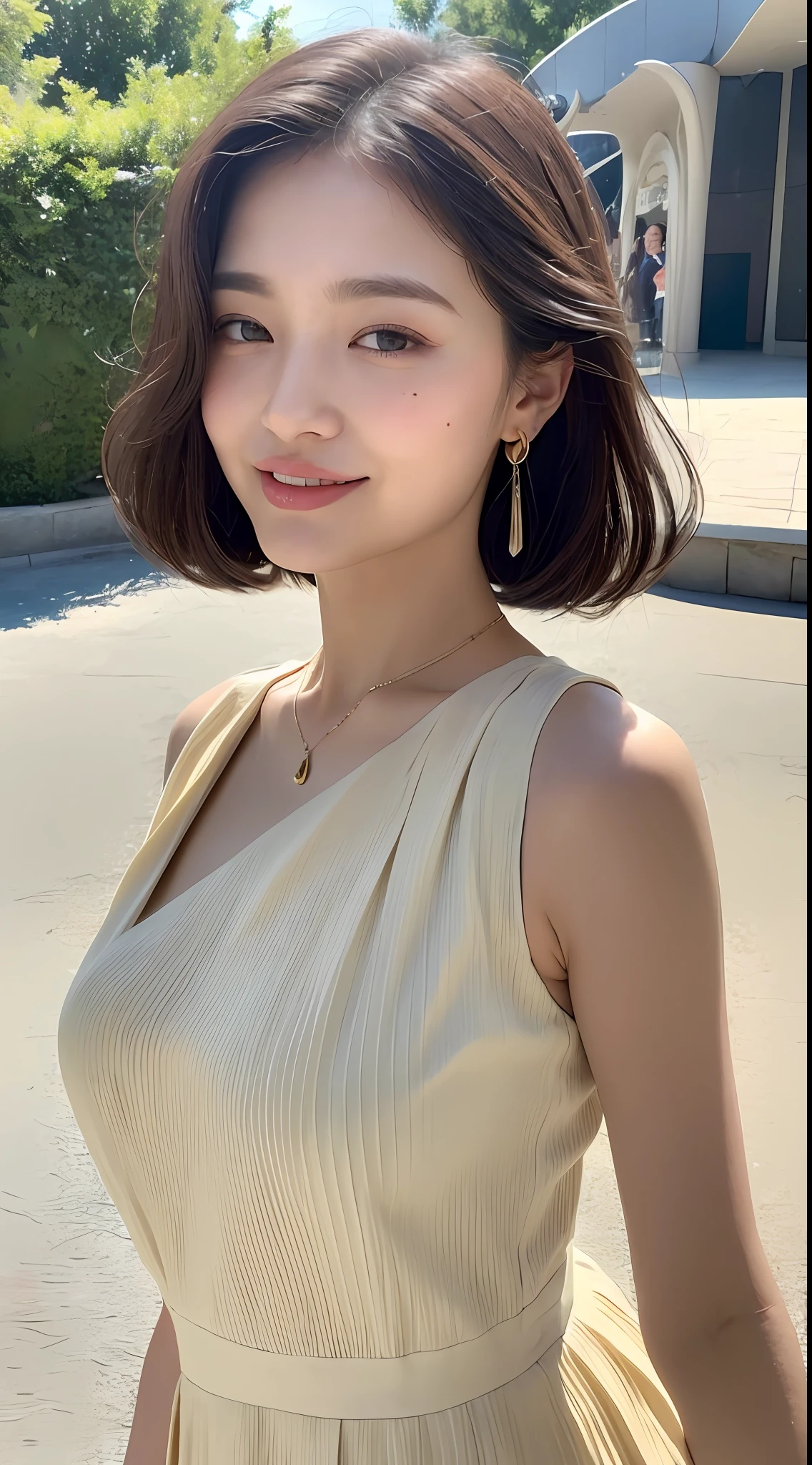 ((Best Quality, 8K, Masterpiece: 1.3, 1girl, Beautiful Girl, Ultra-detailed face and skin texture, Detailed Lips, Detailed Tongue, Dynamism)), Photorealistic, raw photo, natural lighting、( dark rust colored wavy short hair), big, toned abdomen, big round buttocks, double eyelids, dark gray eyes, moist lips, large earrings, simple necklace, moles around the eyes, (cream color sleeveless pleated dress, theme park), smile, full body, looking back